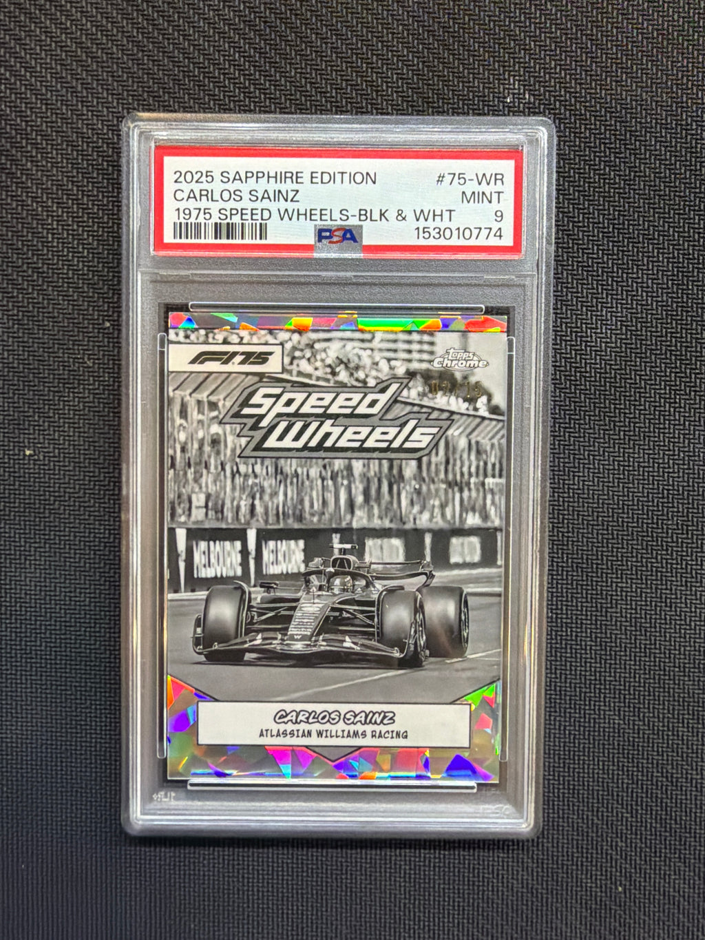 2025 Topps Chrome F1 Sapphire Carlos Sainz Black & White /15 PSA 9