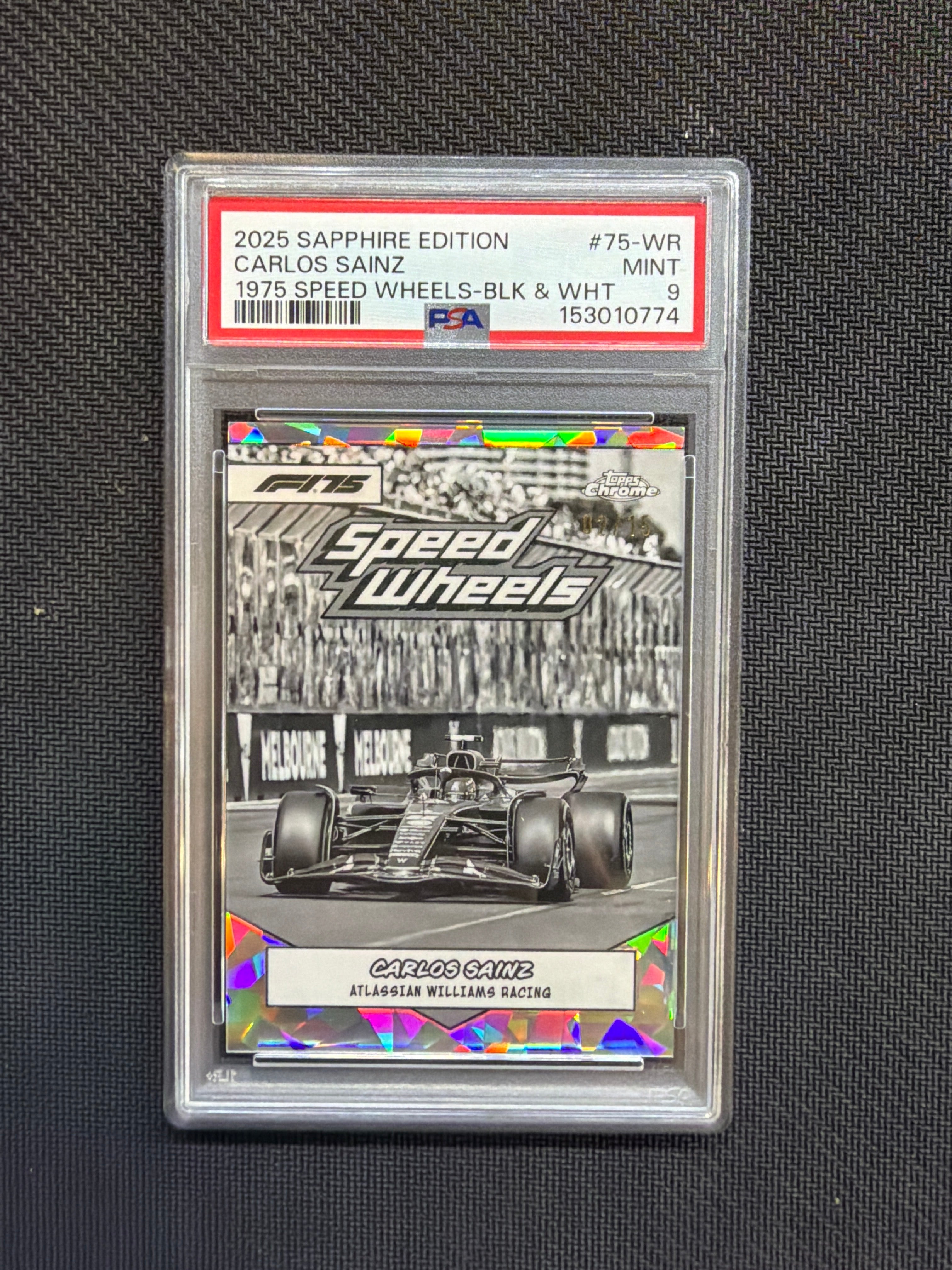 2025 Topps Chrome F1 Sapphire Carlos Sainz Black & White /15 PSA 9