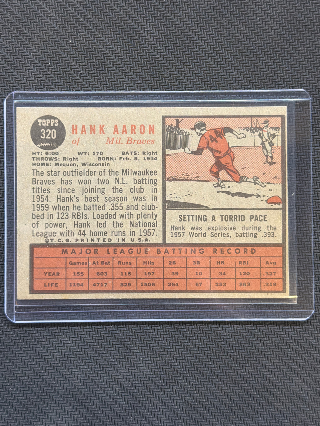 1962 Topps Hank Aaron #320 Braves 2
