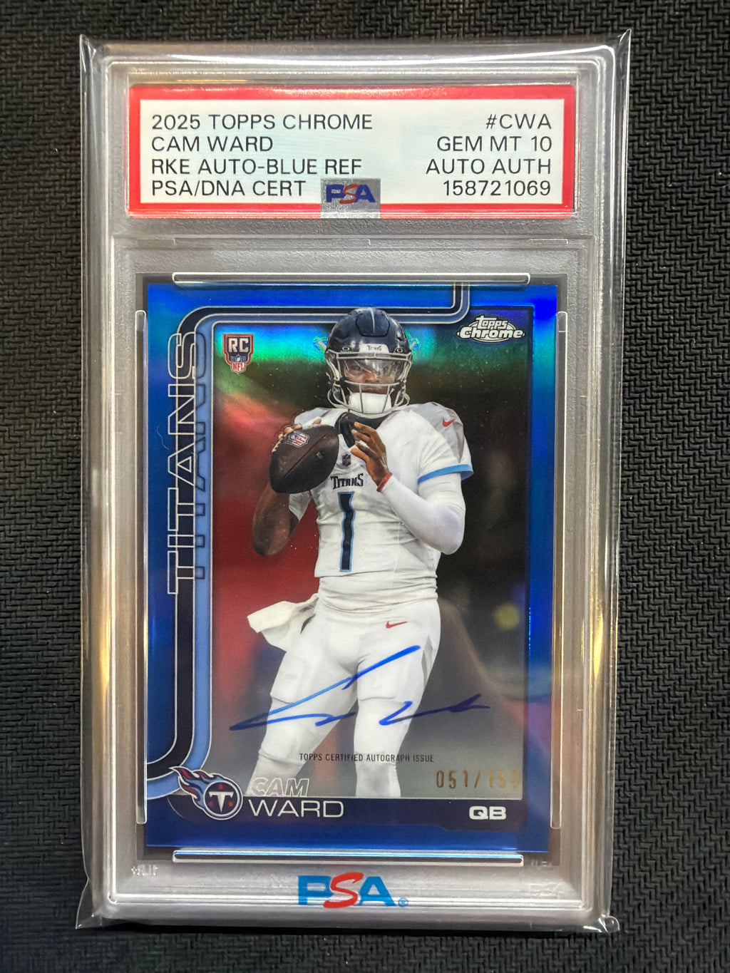 2025 Topps Chrome Cam Ward Blue Refractor Auto /150 #CWA Rookie PSA 10 Authentic Auto Titans