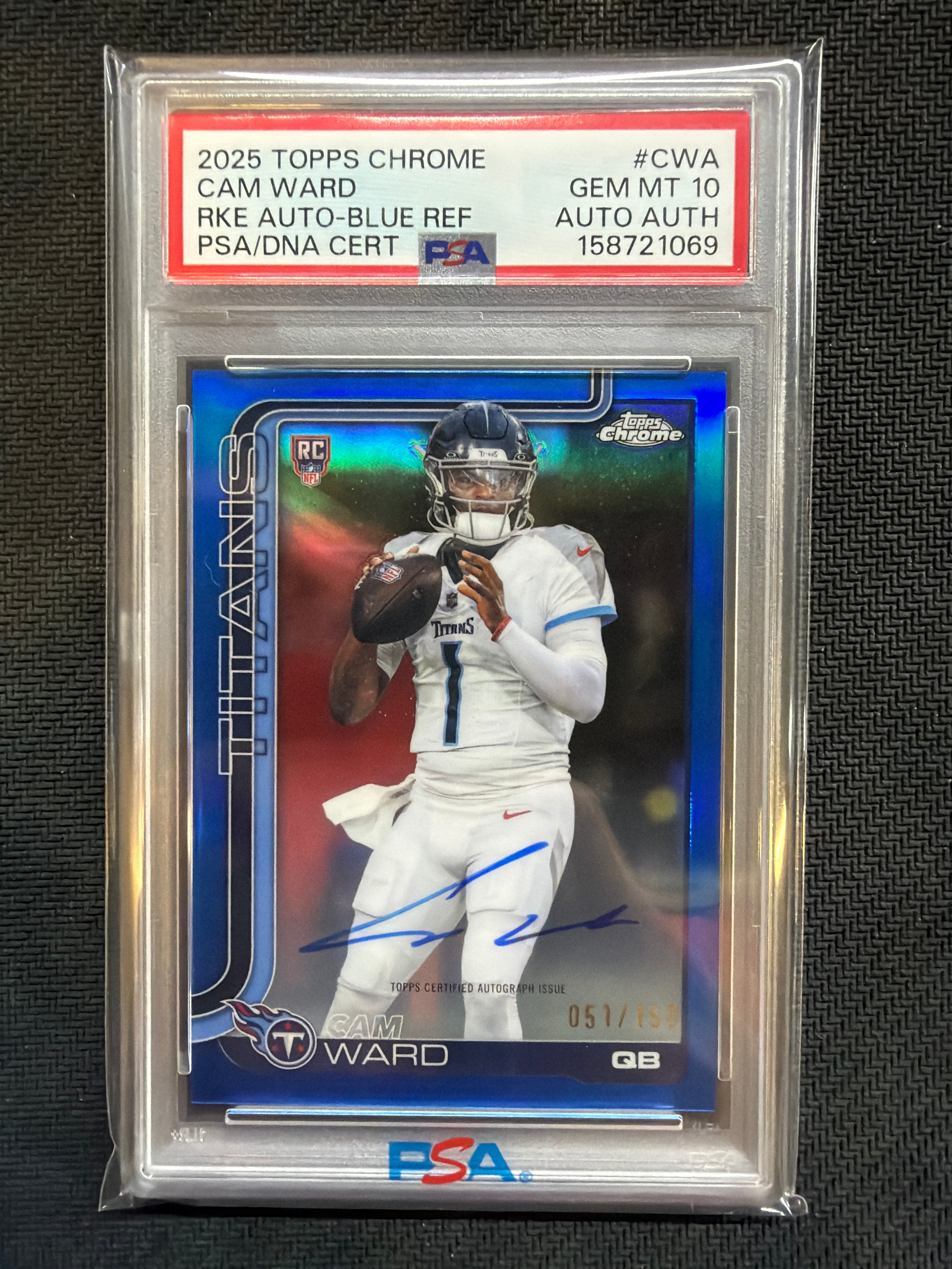 2025 Topps Chrome Cam Ward Blue Refractor Auto /150 #CWA Rookie PSA 10 Authentic Auto Titans