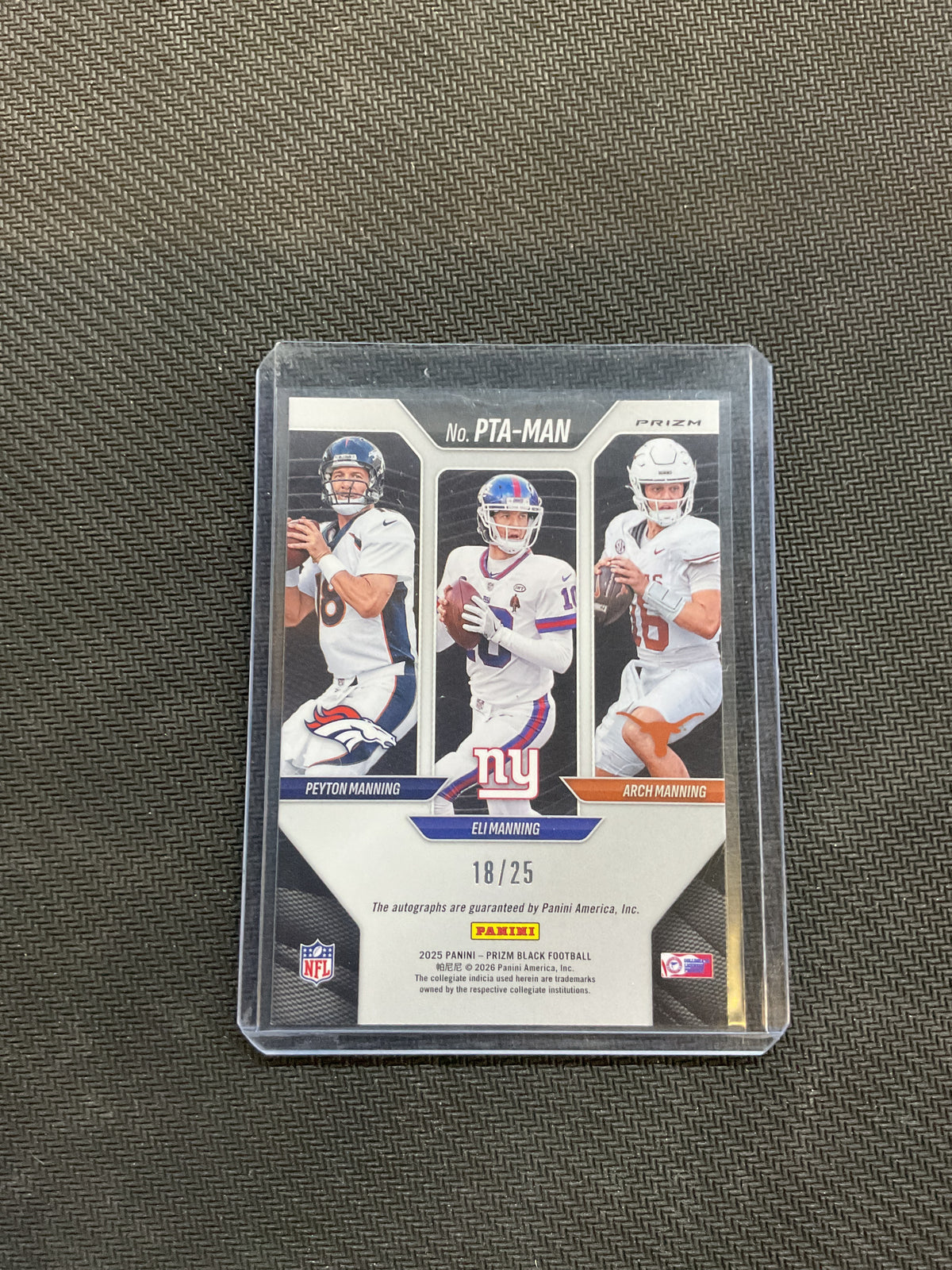2025 Panini Prizm Black Peyton Manning / Eli Manning / Arch Manning Triple Mojo Auto 18/25 Peyton Jersey Match