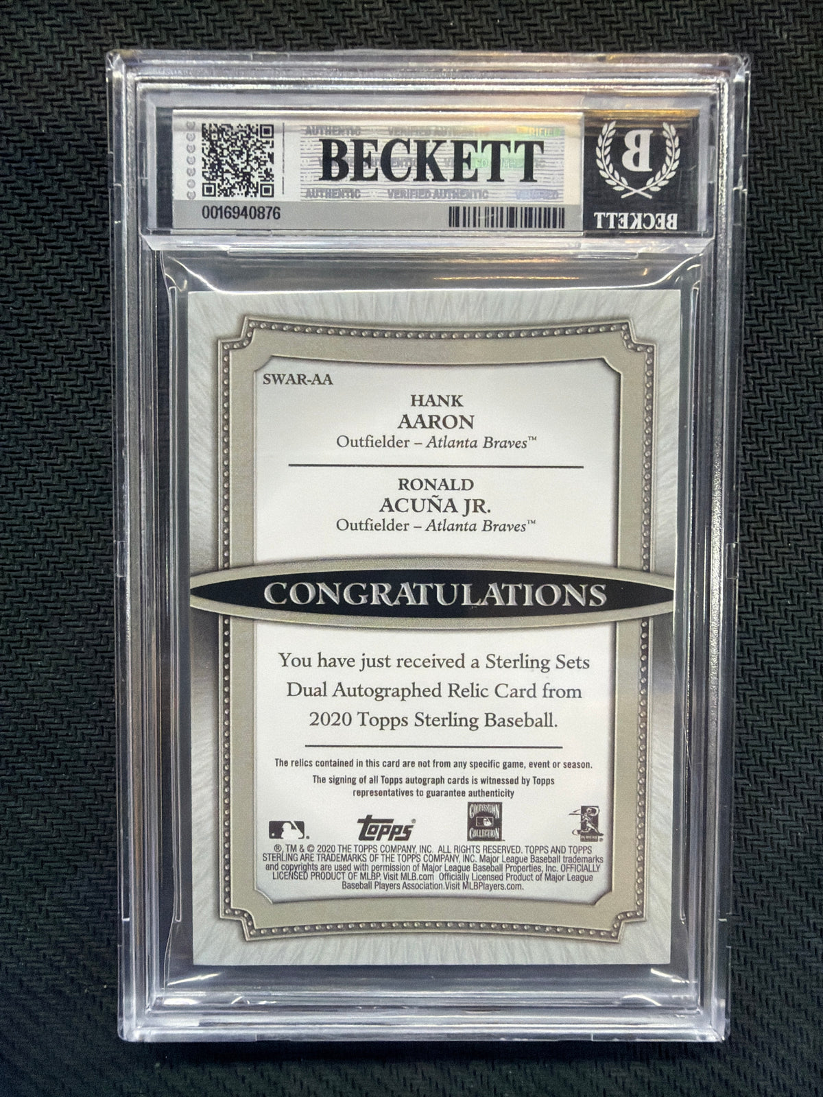 2020 Topps Sterling Hank Aaron Ronald Acuna Jr. Dual Relic Patch Auto 1/1 BGS 9 Braves