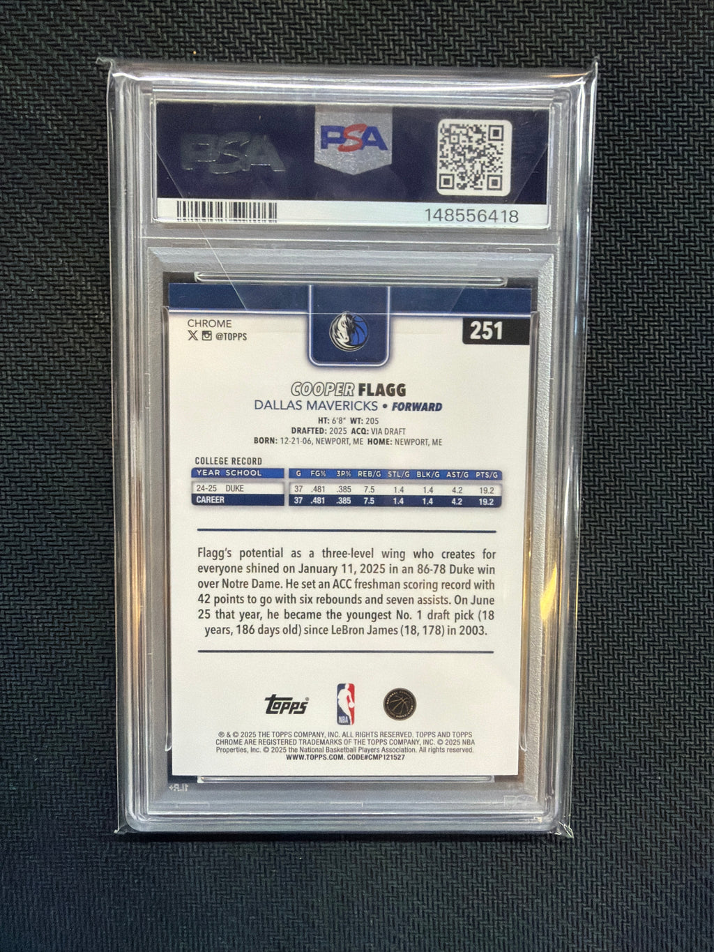 2025/26 Topps Chrome Cooper Flagg Rookie #251 PSA 10 Mavs 418