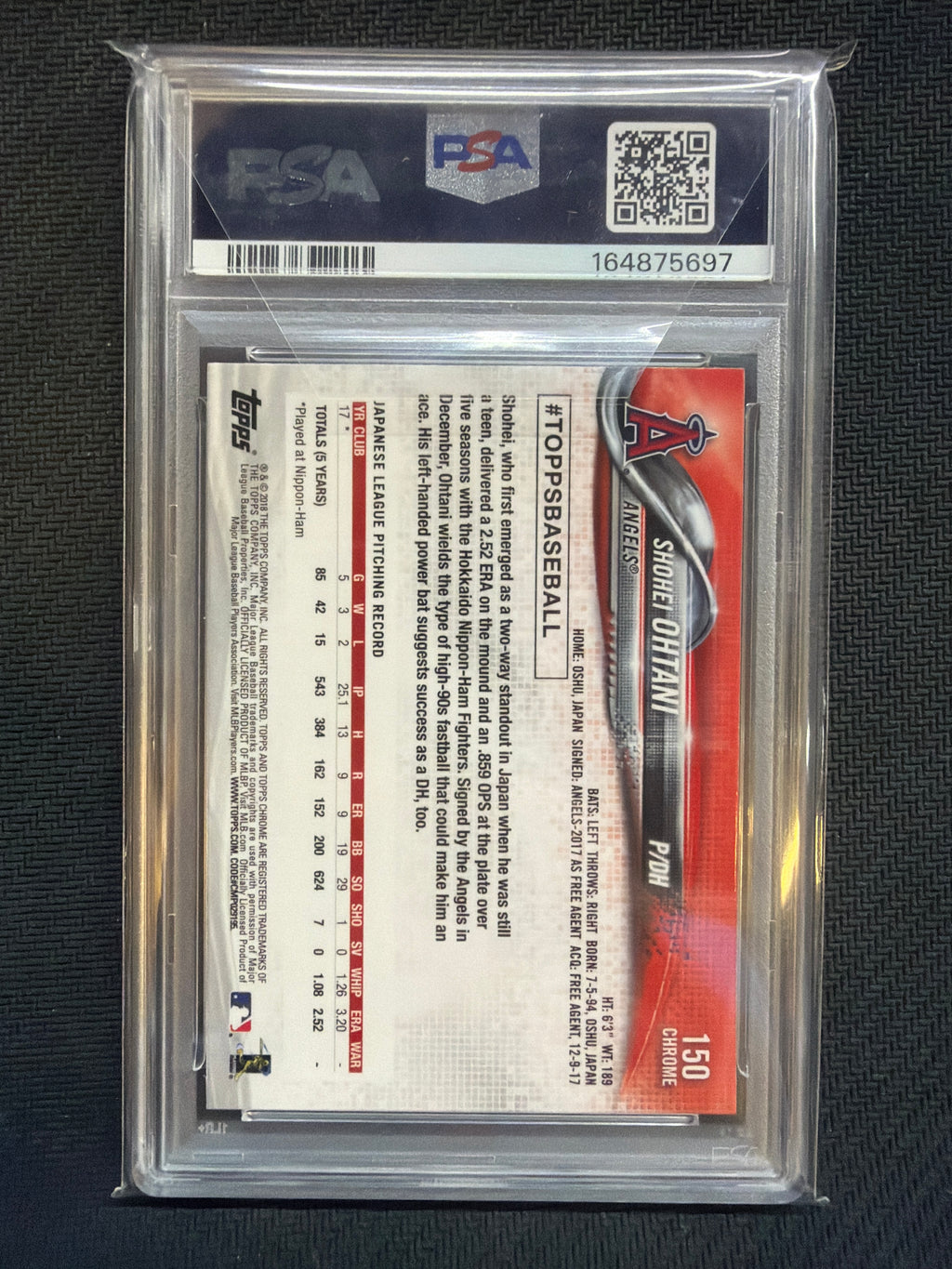 2018 Topps Chrome Shohei Ohtani Variation Refractor #150 Rookie PSA 10 Angels