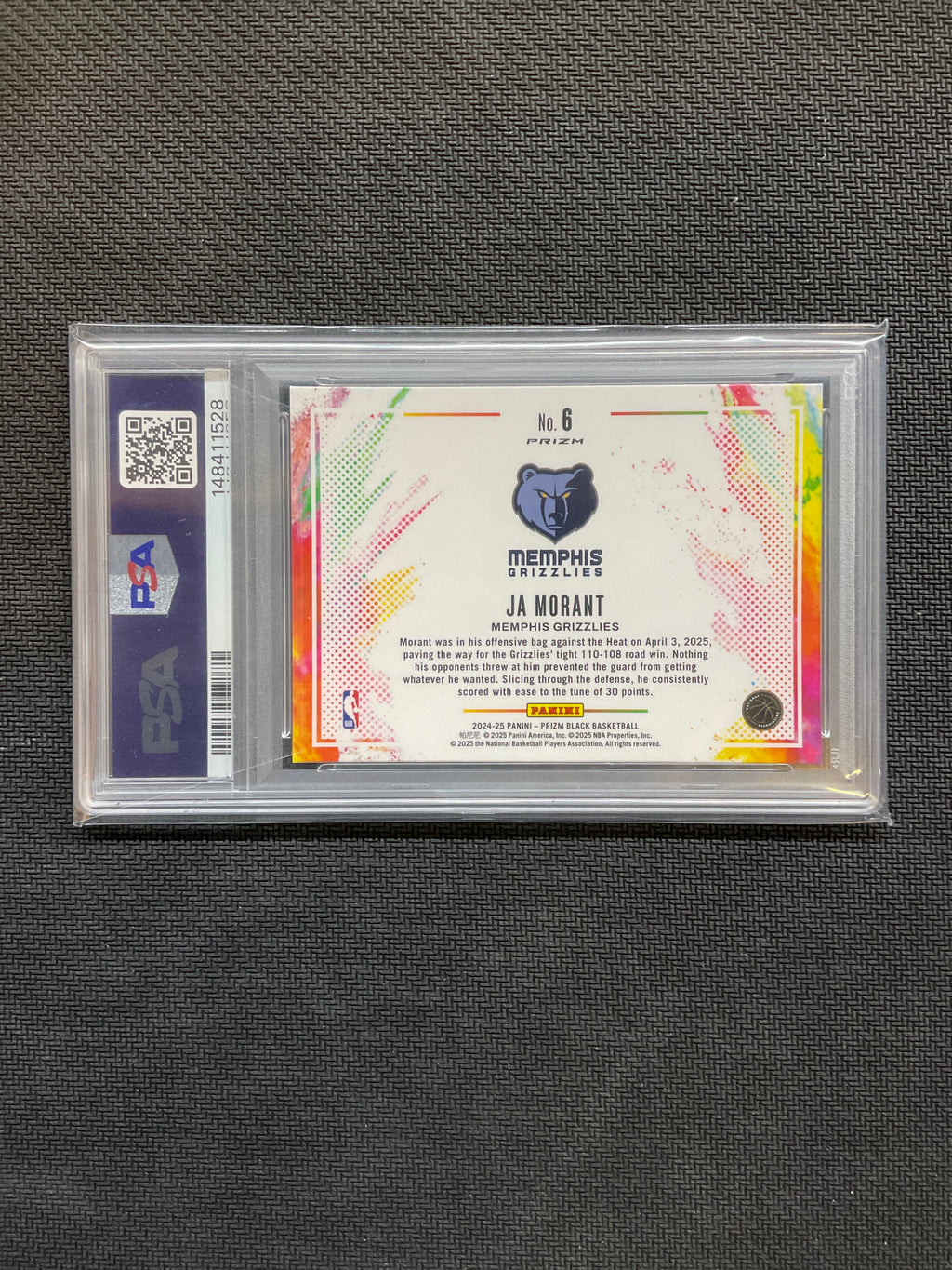 2024 Prizm Black Ja Morant #6 Color Blast PSA 10 Grizzles