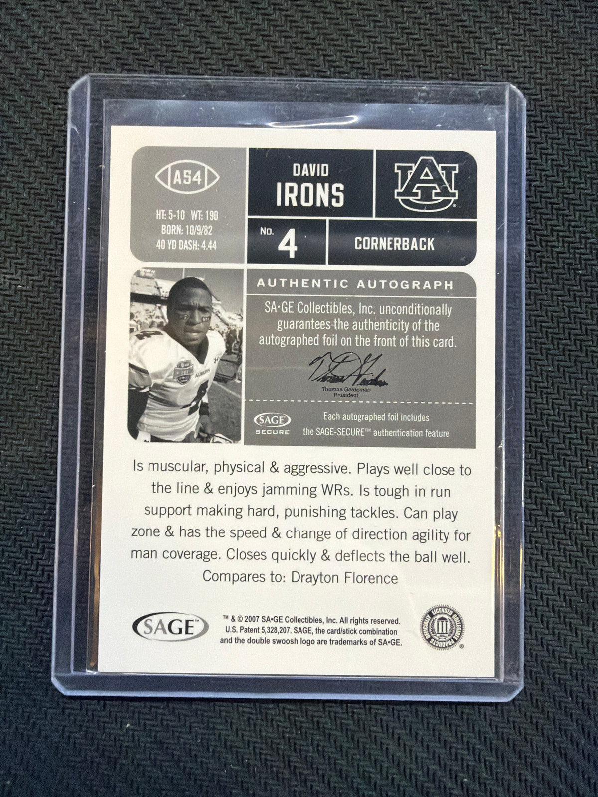 2007 Sage David Irons Rookie Auto Auburn