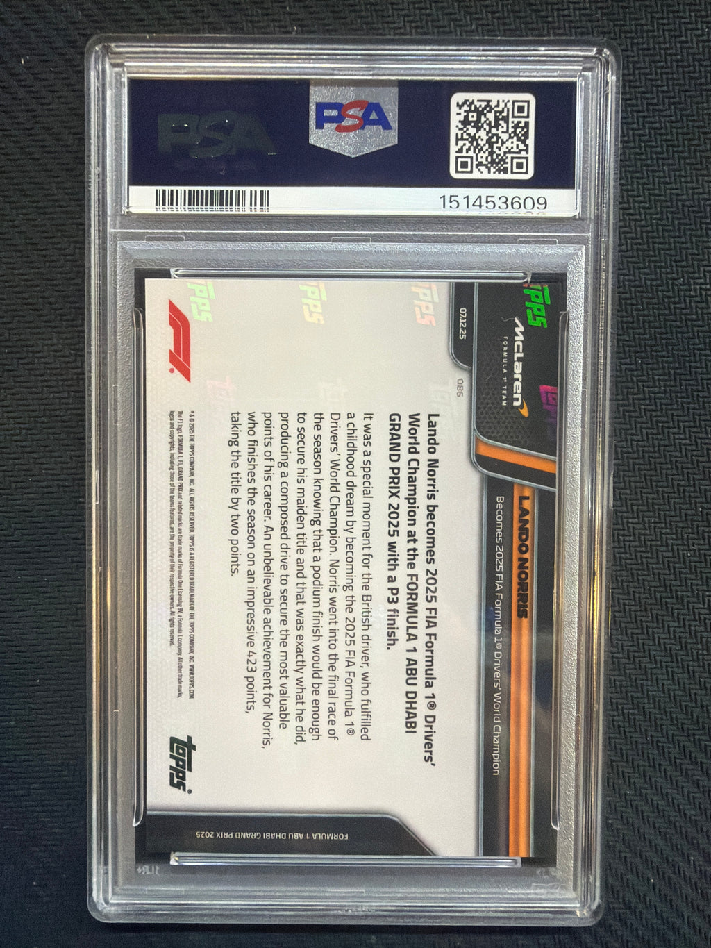 2025 Topps Now Formula 1 F1 Lando Norris #86 PSA 10 Mclaren 609