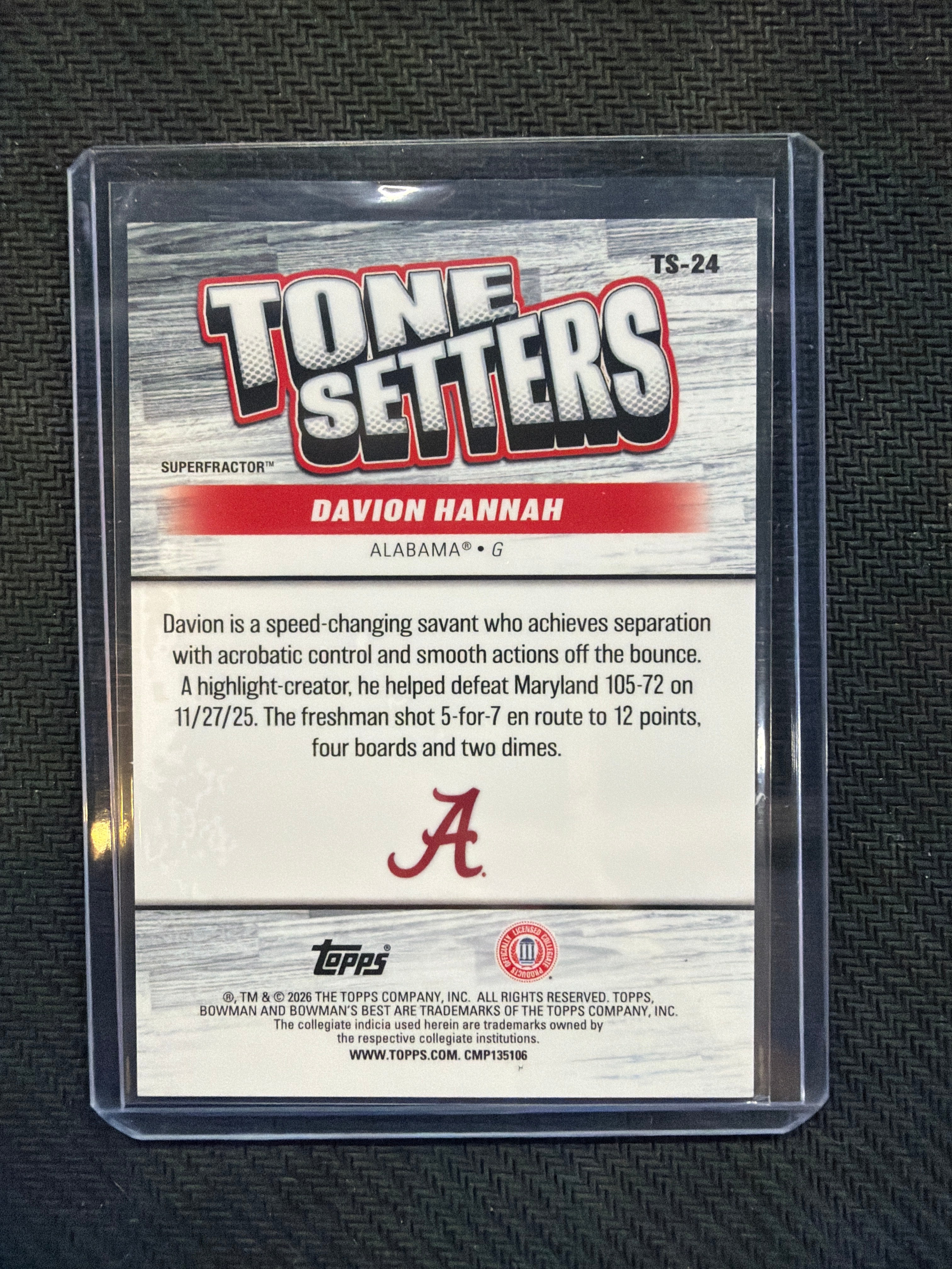 2025-26 Bowman U Best Davion Hannah Rookie Tone Setters Superfractor 1/1 Alabama