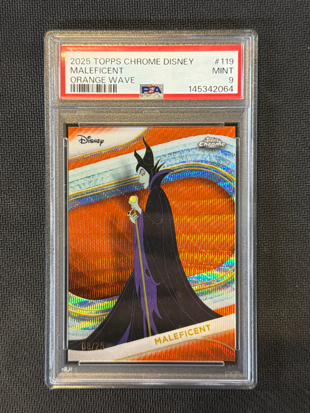 2025 Topps Chrome Disney Maleficent Orange Wave /25 PSA 9