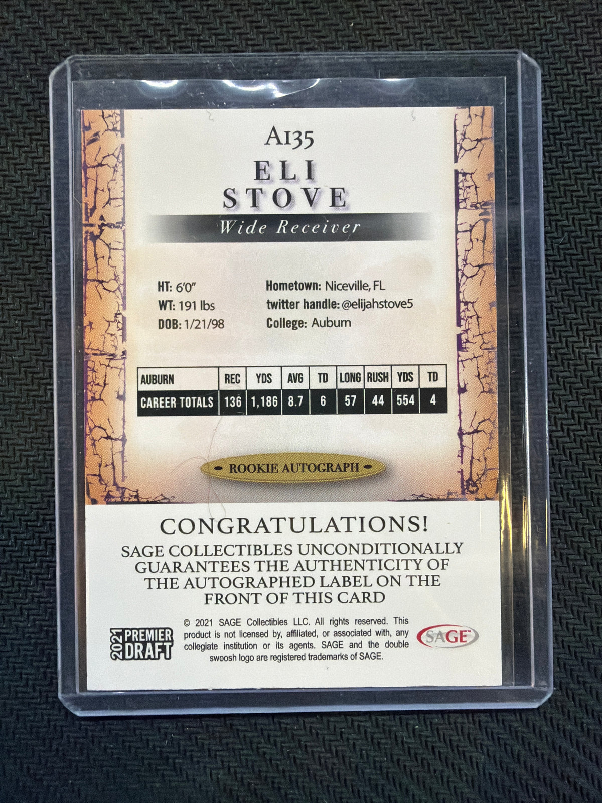 2021 Sage Eli Stove Rookie Auto Auburn