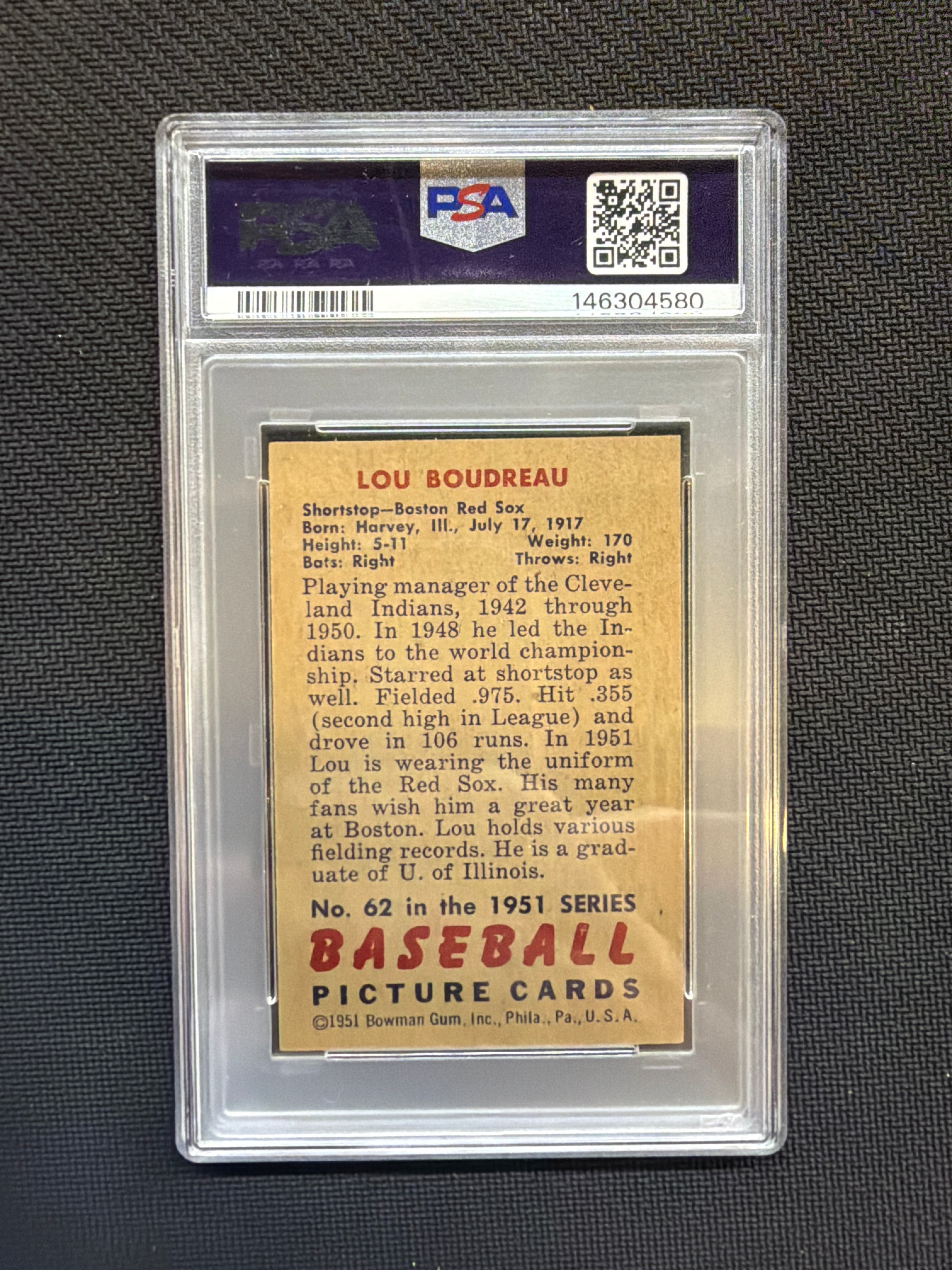 1951 Bowman Lou Boudreau #62 PSA 6
