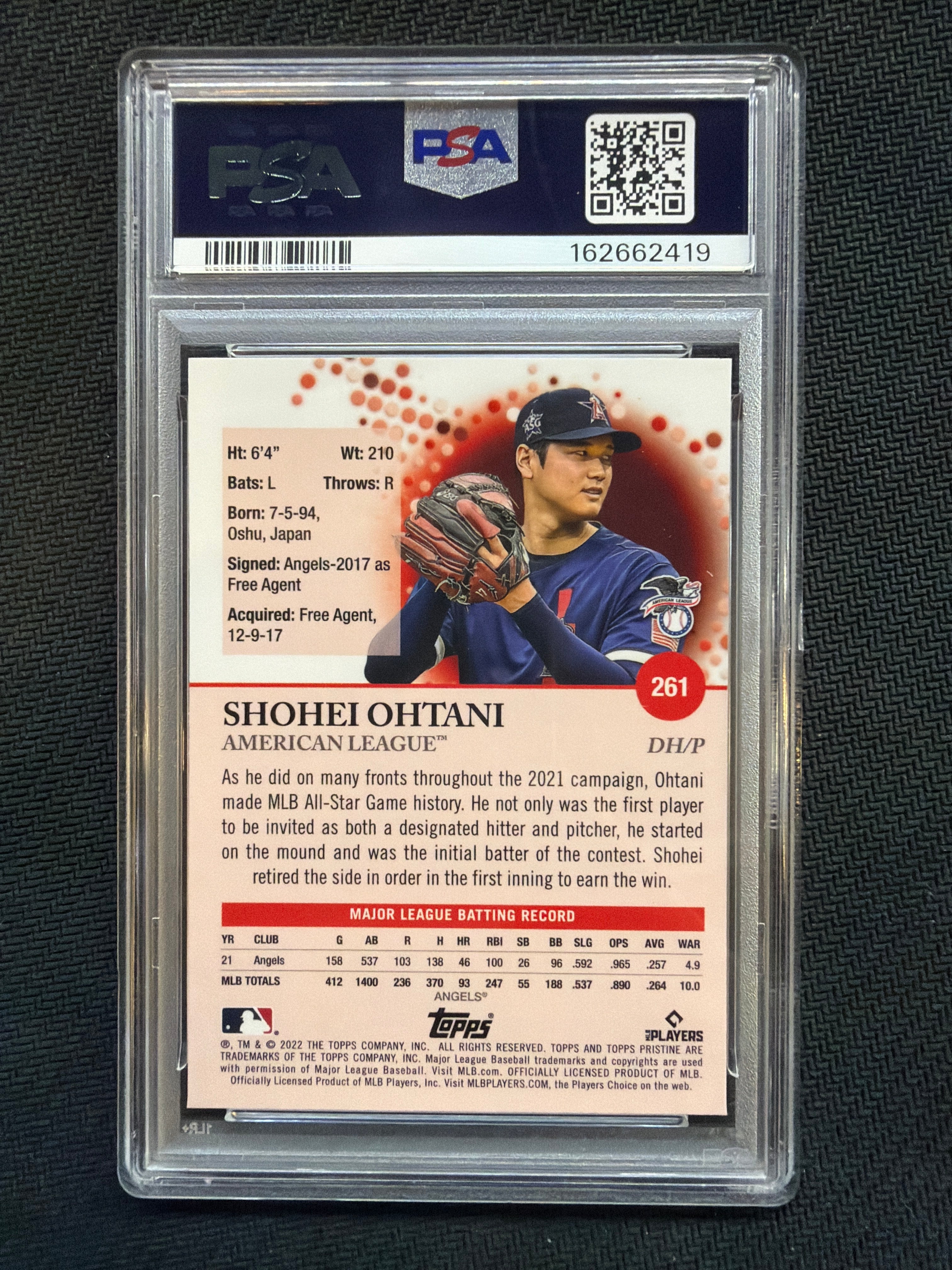 2022 Topps Pristine Shohei Ohtani #261 PSA 10 Dodgers All Star