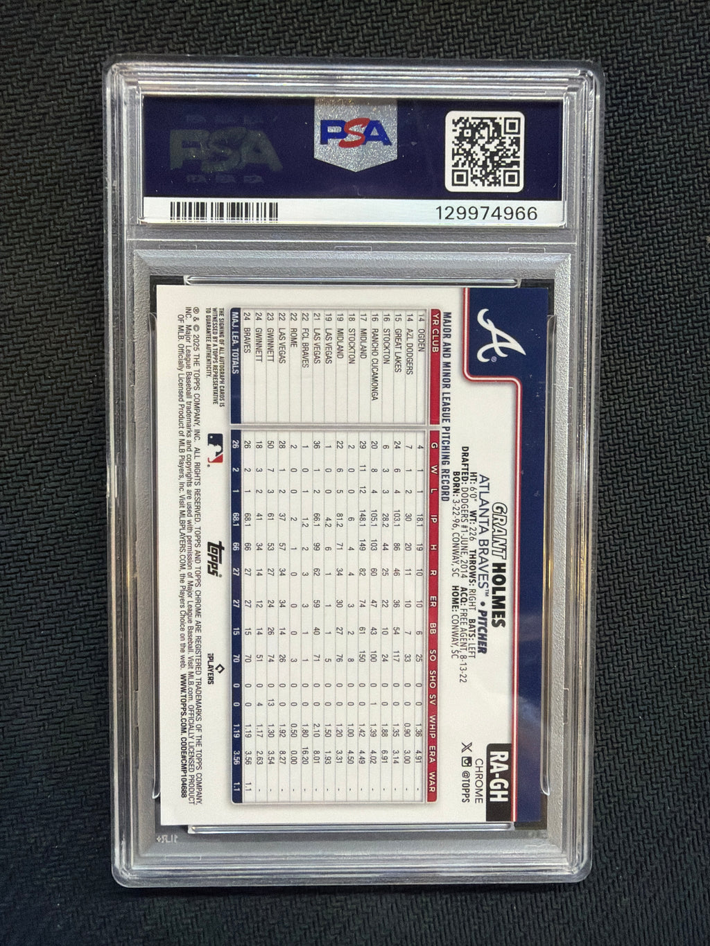 2025 Topps Chrome Grant Holmes Rookie Auto Purple Speckle /299 PSA 10 Braves