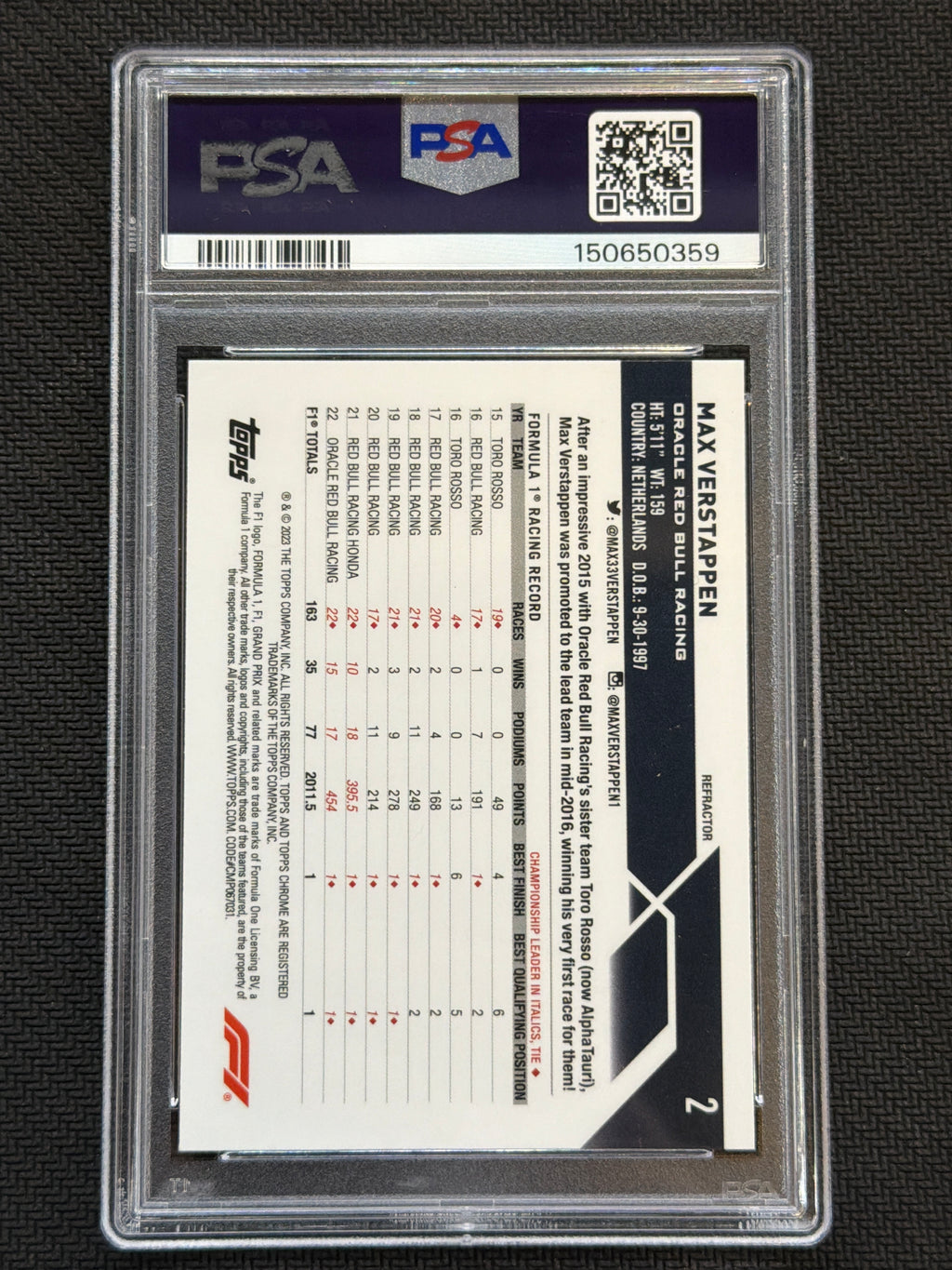 2023 Topps Chrome F1 Max Verstappen #2 Refractor PSA 9 359