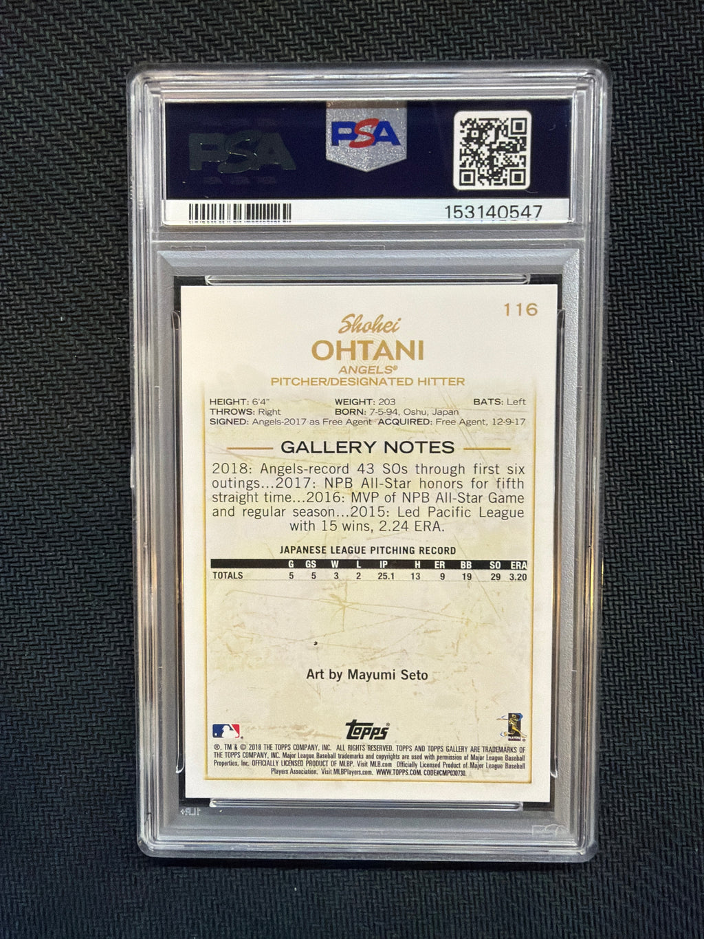 2018 Topps Gallery #116 Shohei Ohtani Rookie PSA 10 Angels 547