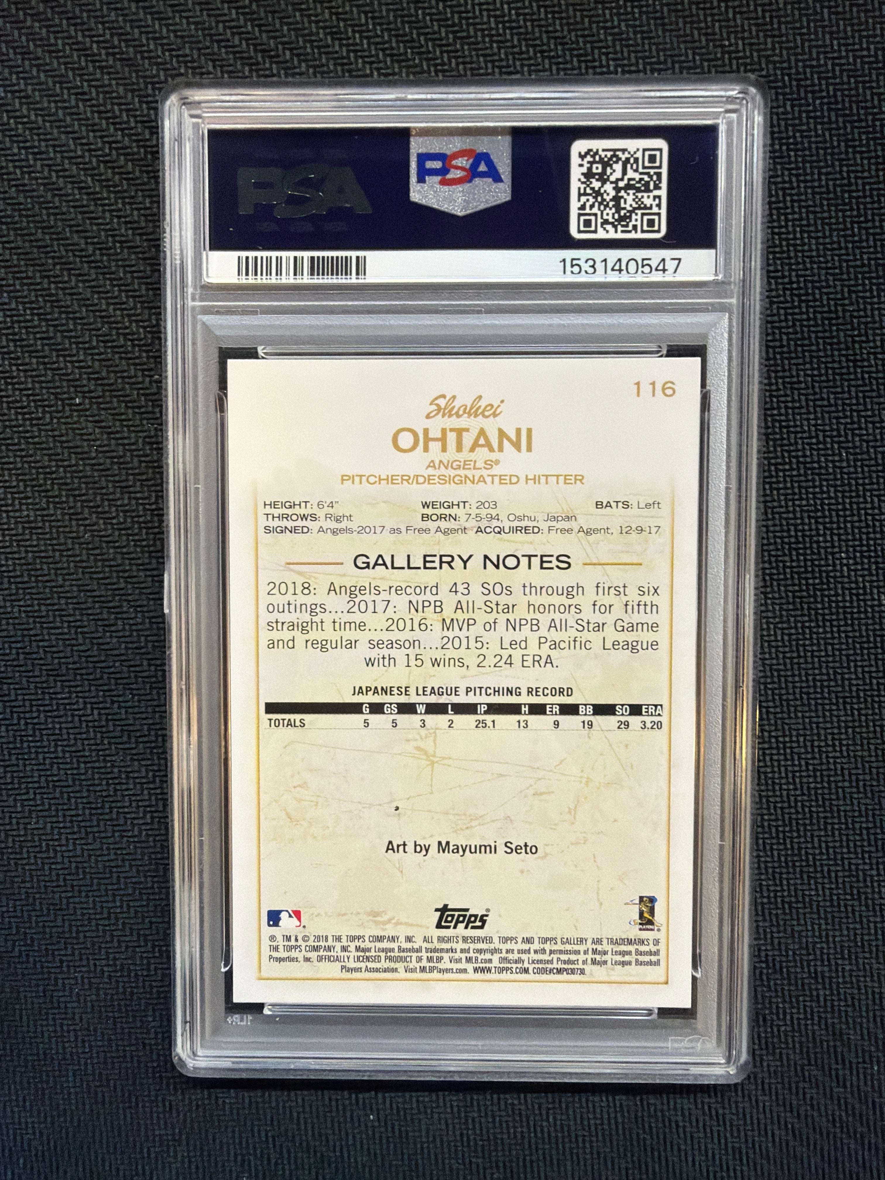 2018 Topps Gallery #116 Shohei Ohtani Rookie PSA 10 Angels 547