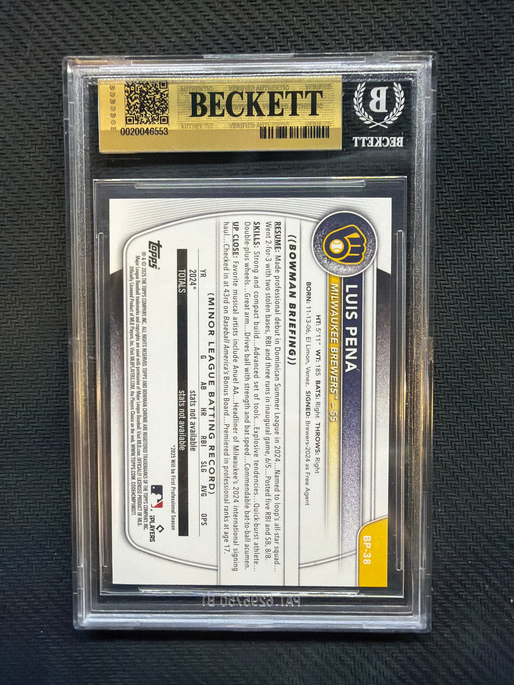2025 Bowman Luis Pena Prospects BGS 9.5 Brewers