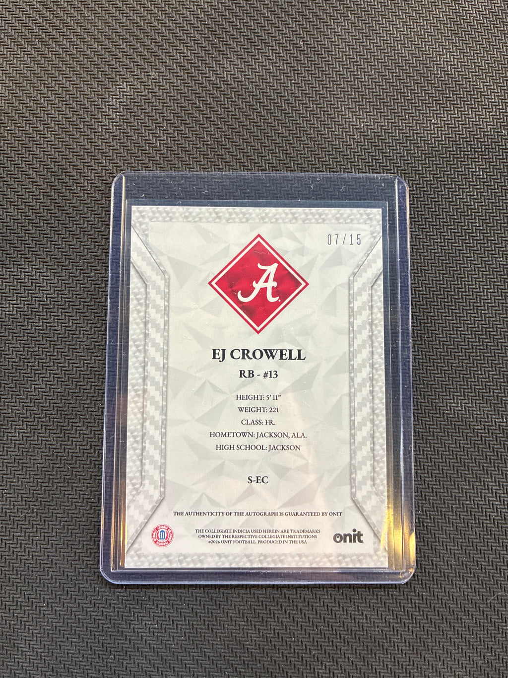 2026 Onit EJ Crowell Rookie Auto /15 #13 Alabama Freshman
