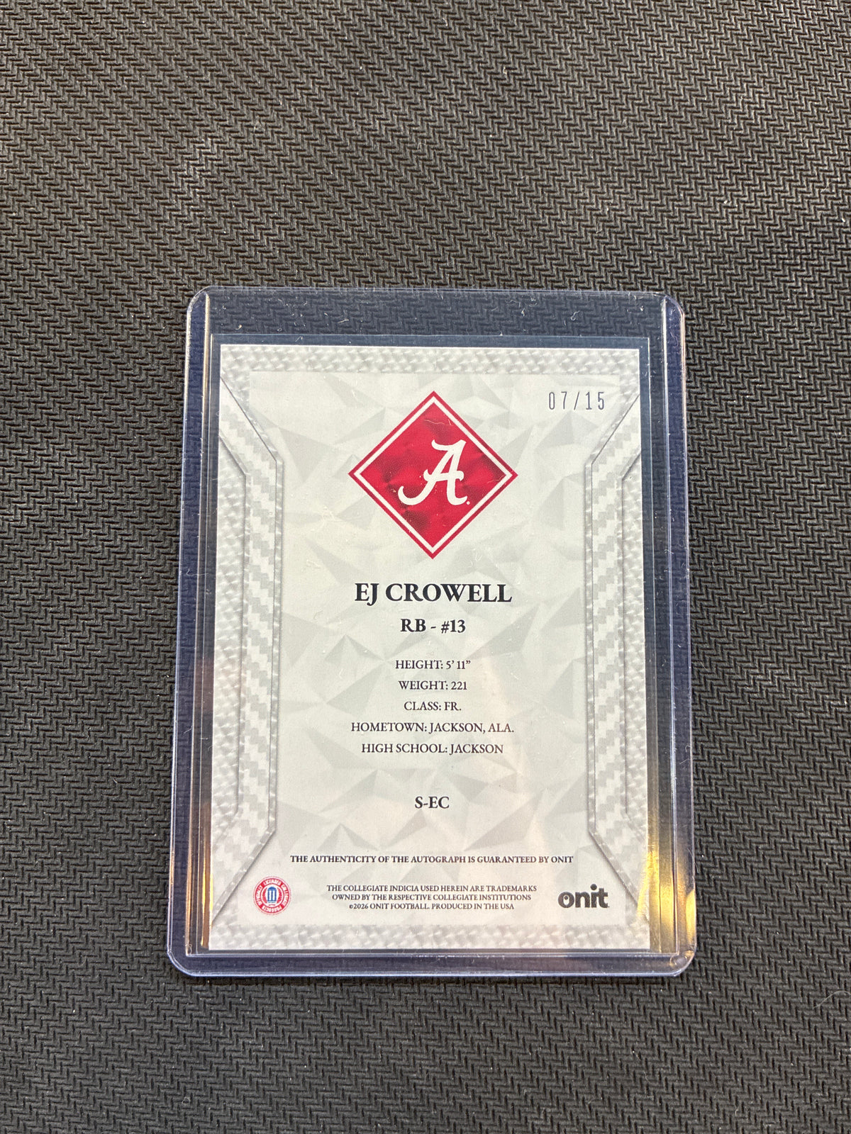 2026 Onit EJ Crowell Rookie Auto /15 #13 Alabama Freshman