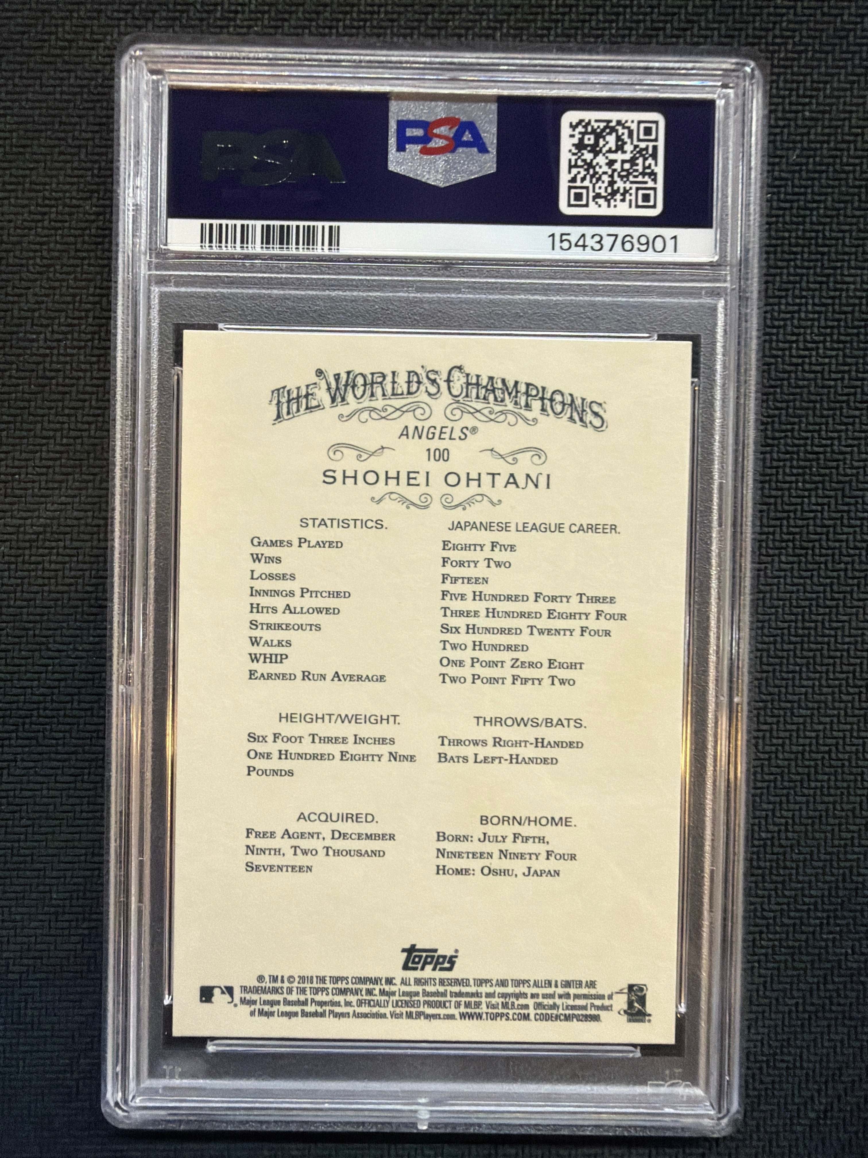 2018 Topps Allen & Ginter Shohei Ohtani #100 Rookie PSA 10 Angels