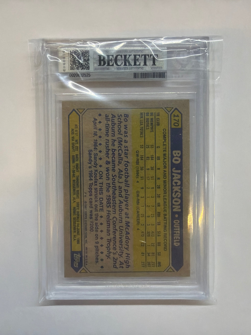 1987 Topps #170 Bo Jackson BGS 8.5 Royals 525