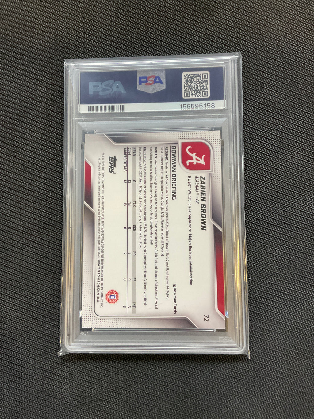 2025 Bowman U Chrome Zabien Brown Green /99 PSA 10 Alabama