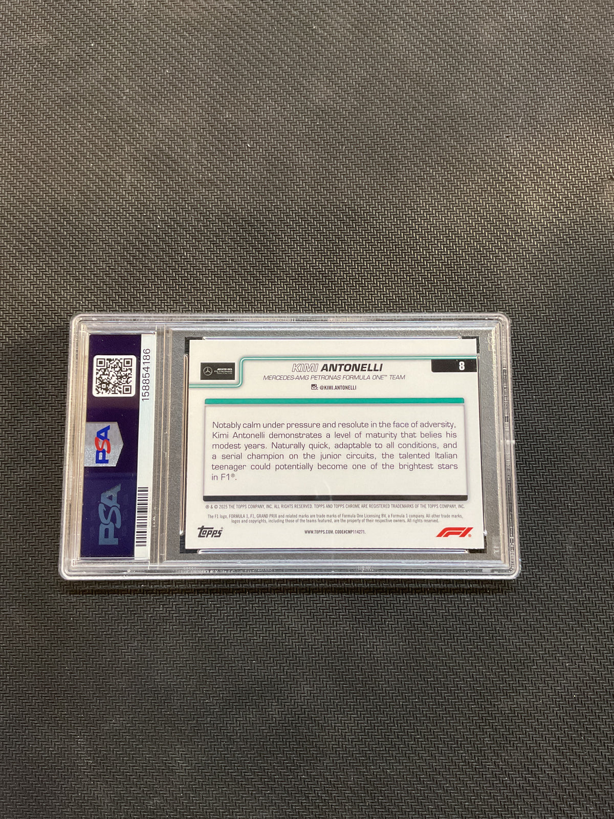 2025 Topps Chrome F1 Kimi Antonelli Black and White Lazer Rookie PSA 10
