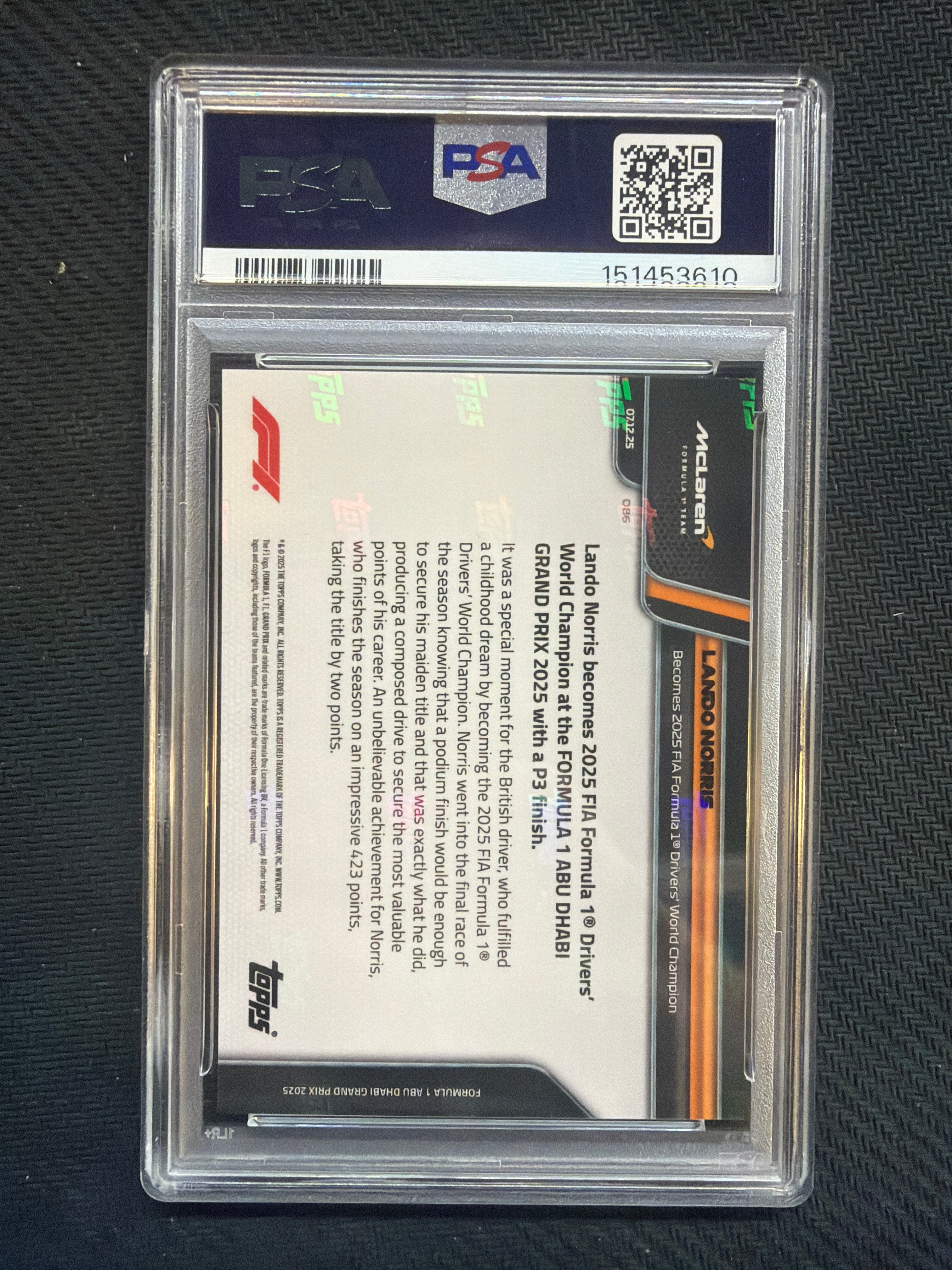2025 Topps Now Formula 1 F1 Lando Norris #86 PSA 10 Mclaren 610