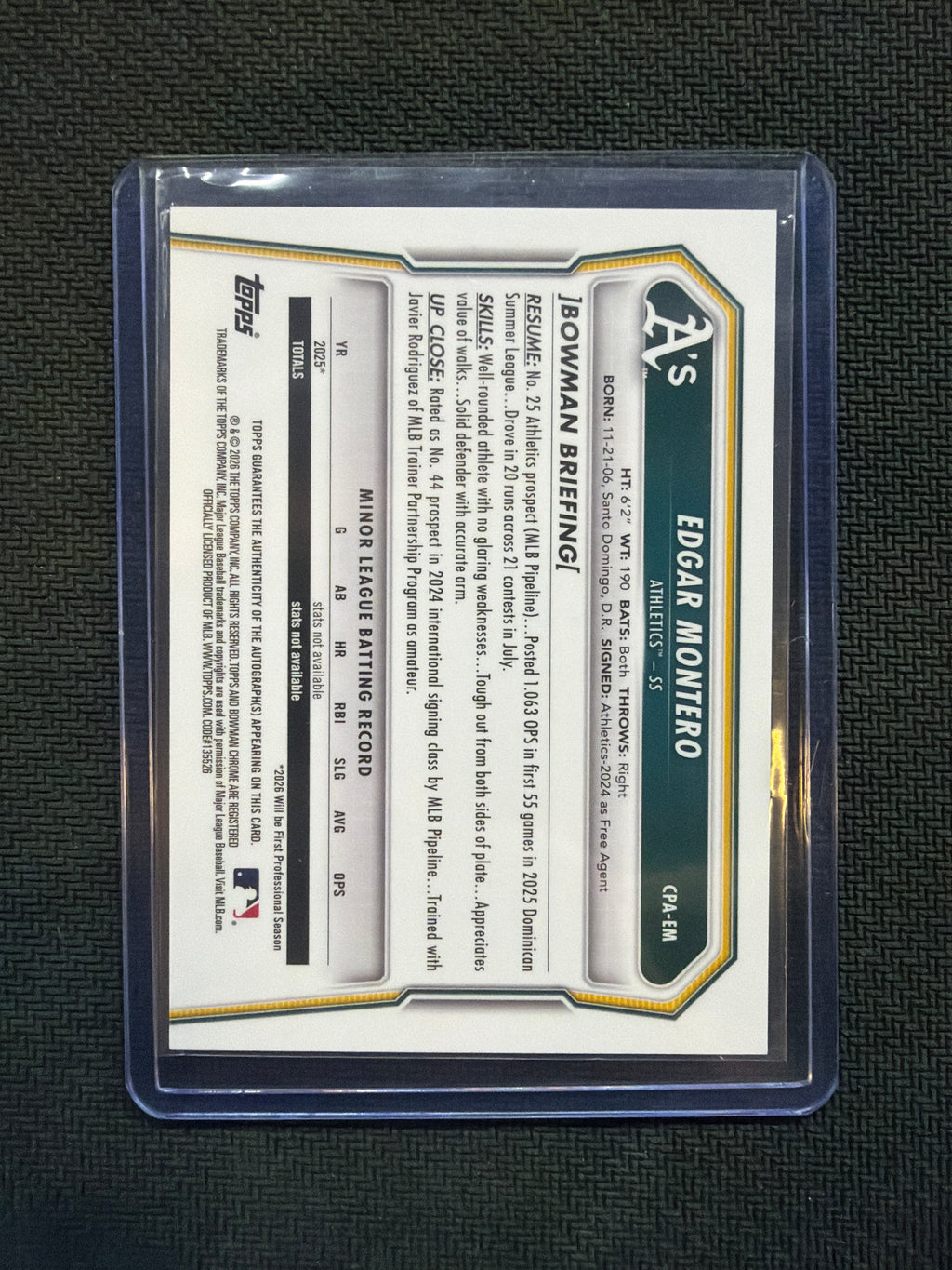 2026 Bowman Chrome Edgar Montero Speckle 1st Auto /299