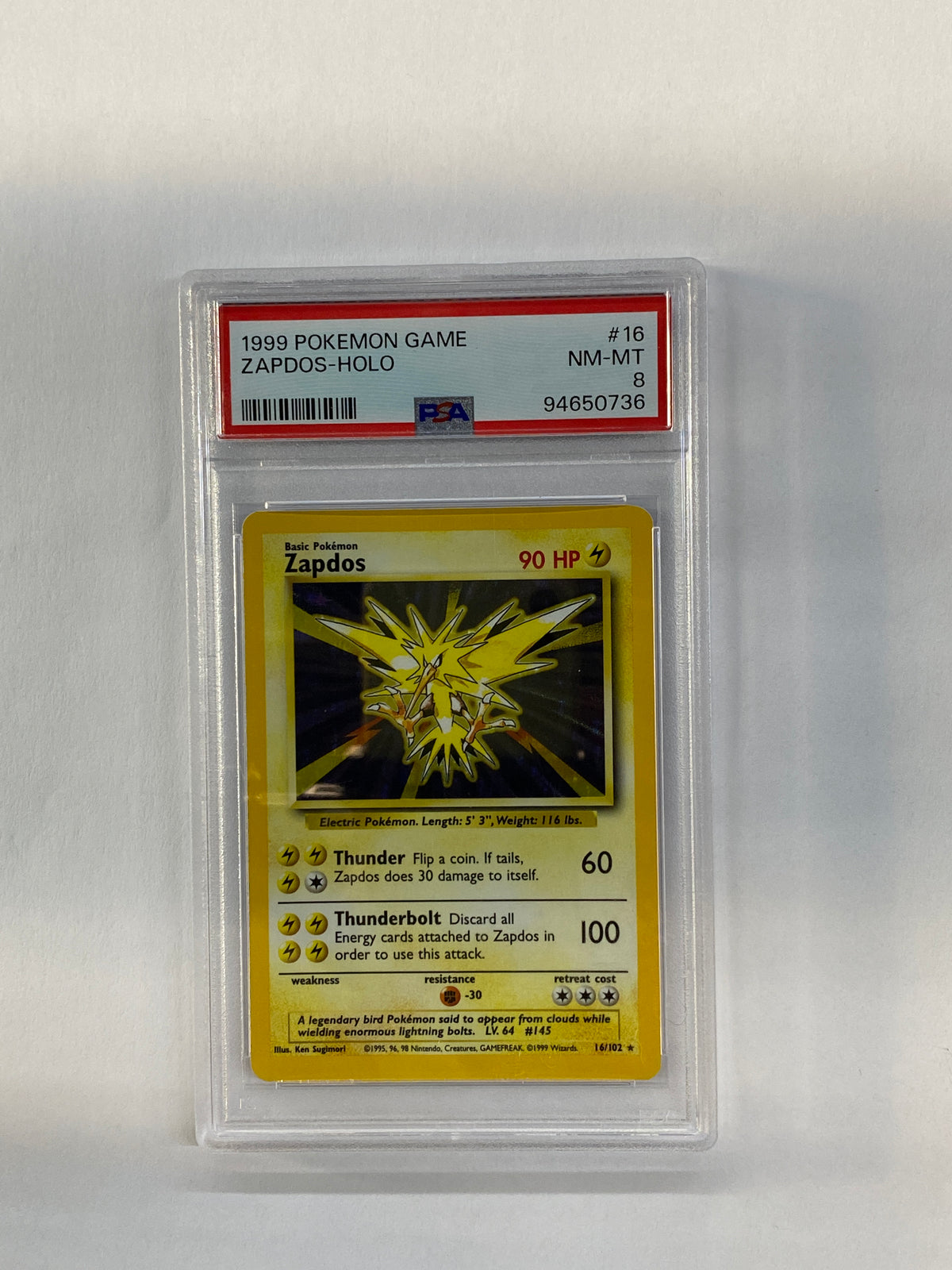 1999 Pokemon Base Zapdos 16 Holo PSA 8