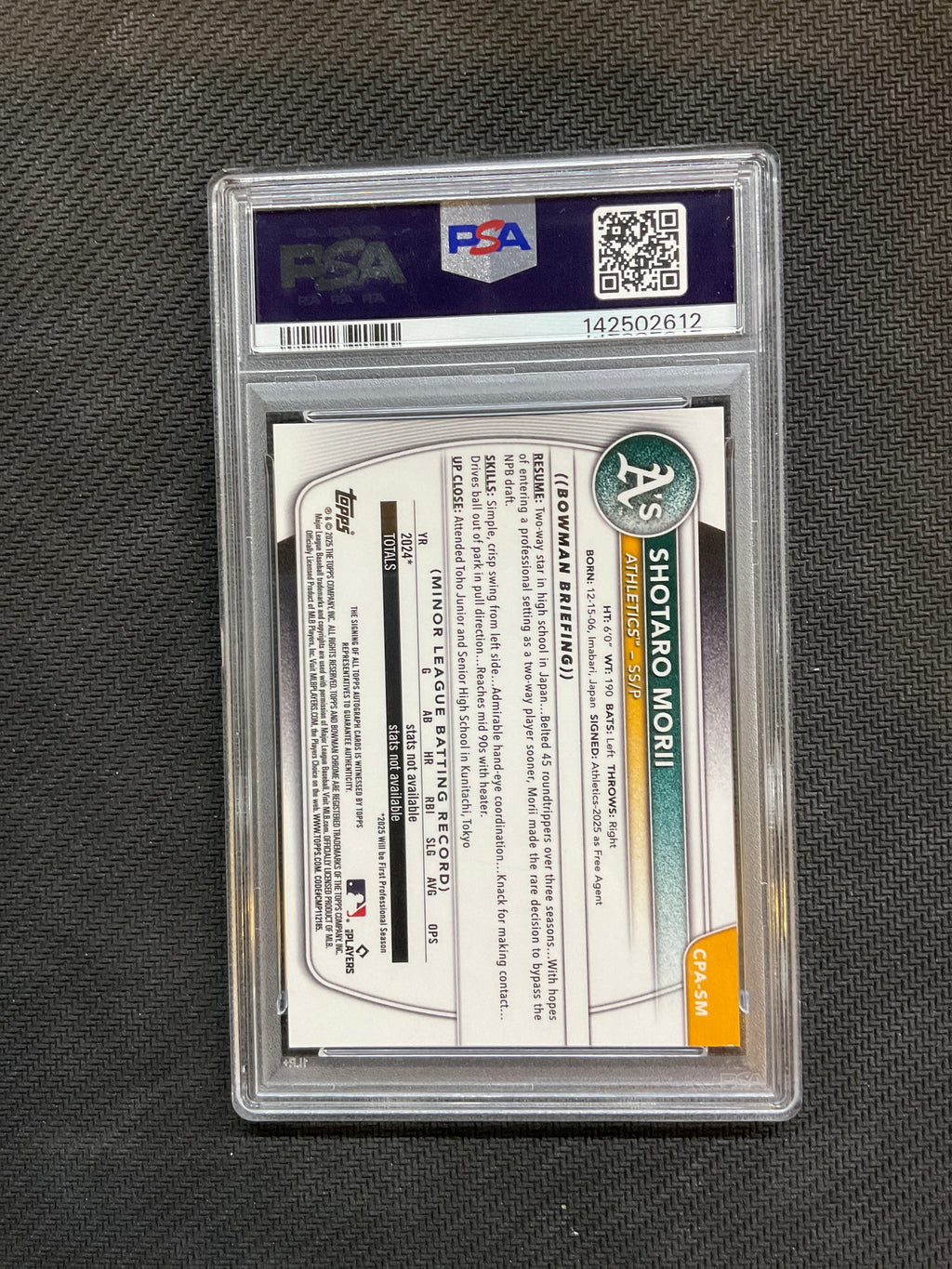 2025 Bowman Chrome Shotaro Morii 1st Auto Speckle /299 PSA 10 A's