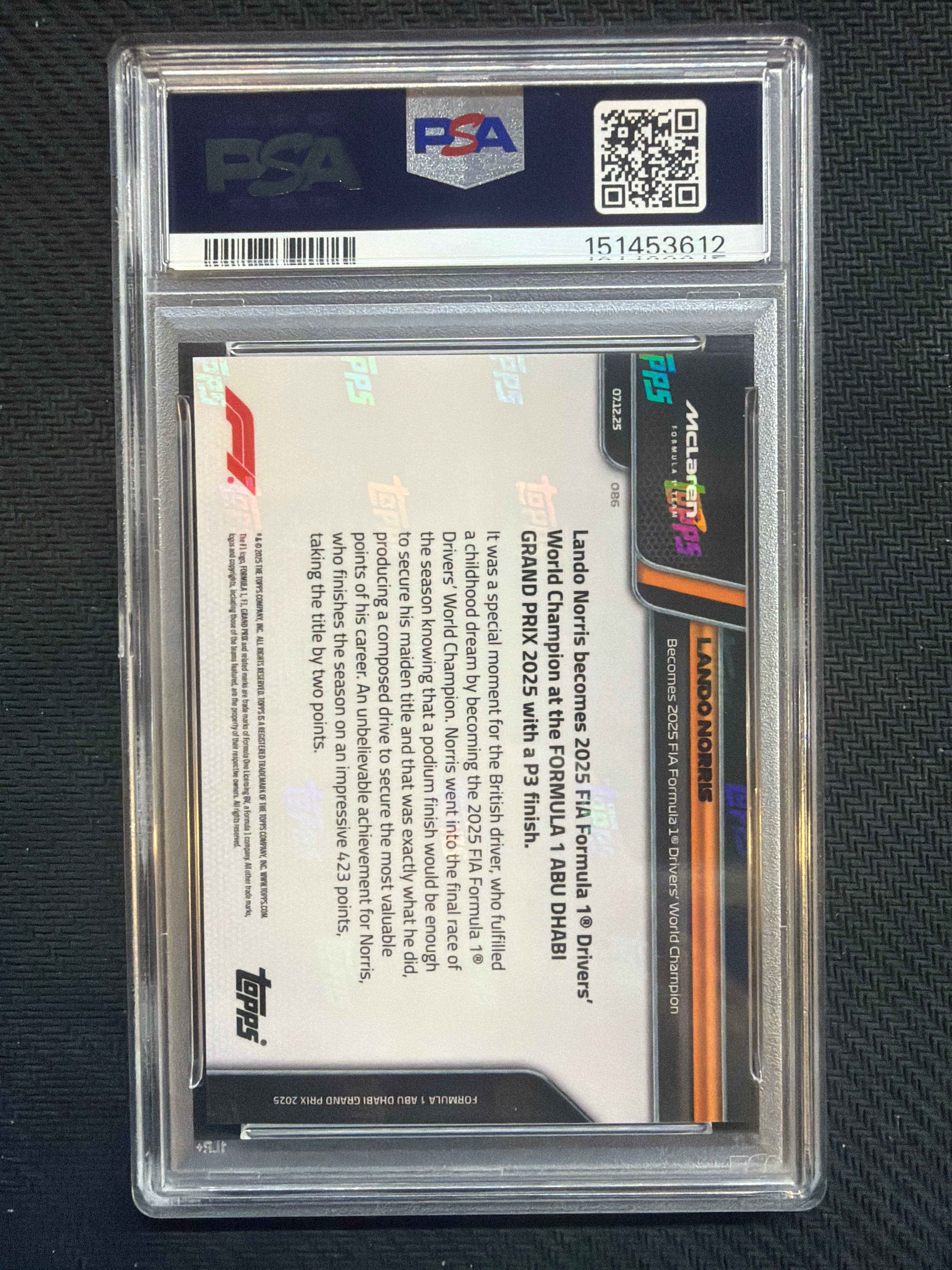 2025 Topps Now Formula 1 F1 Lando Norris #86 PSA 10 Mclaren 612