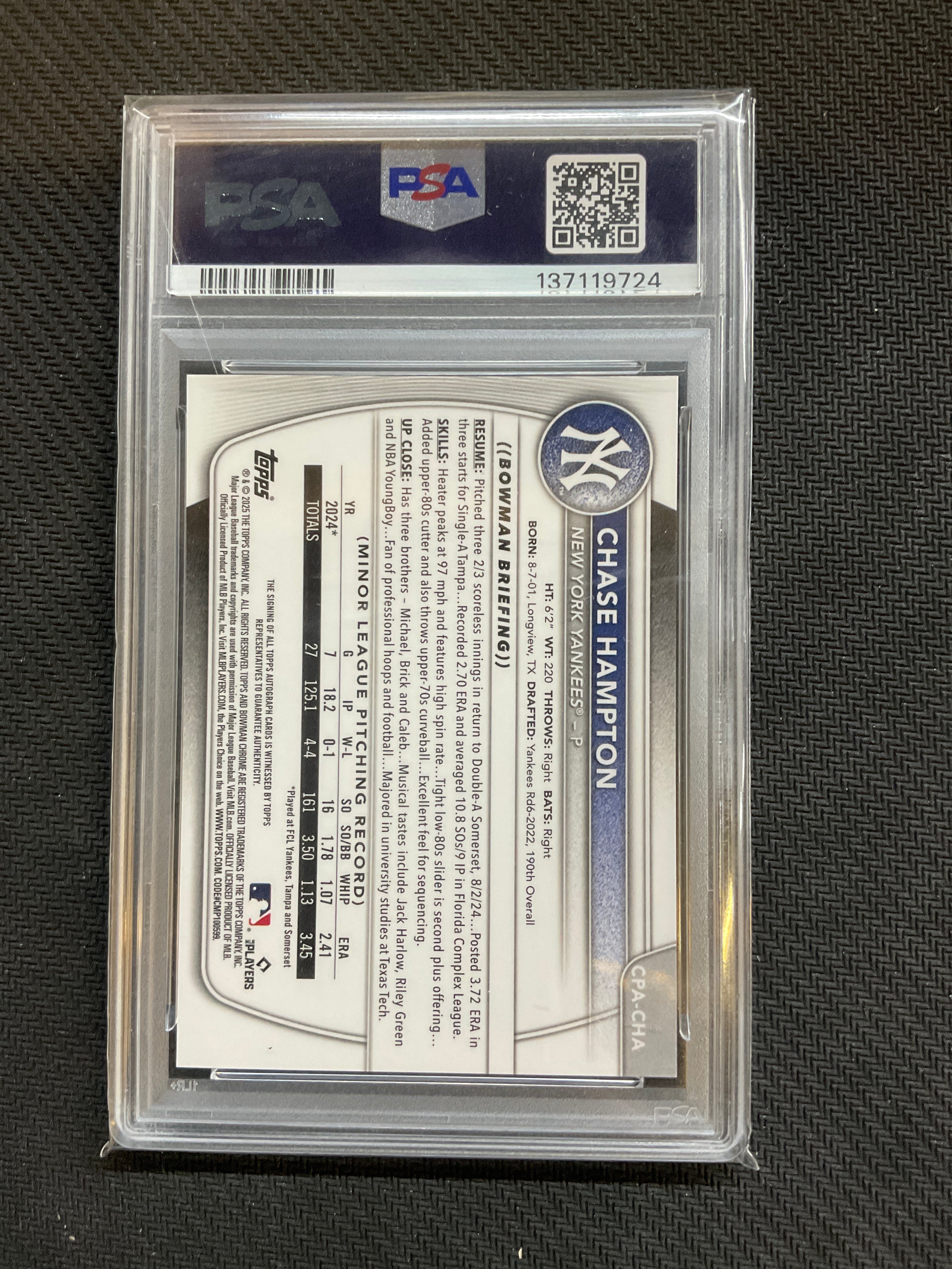 2025 Bowman Chrome Chase Hampton Purple Auto /250 PSA 8 10