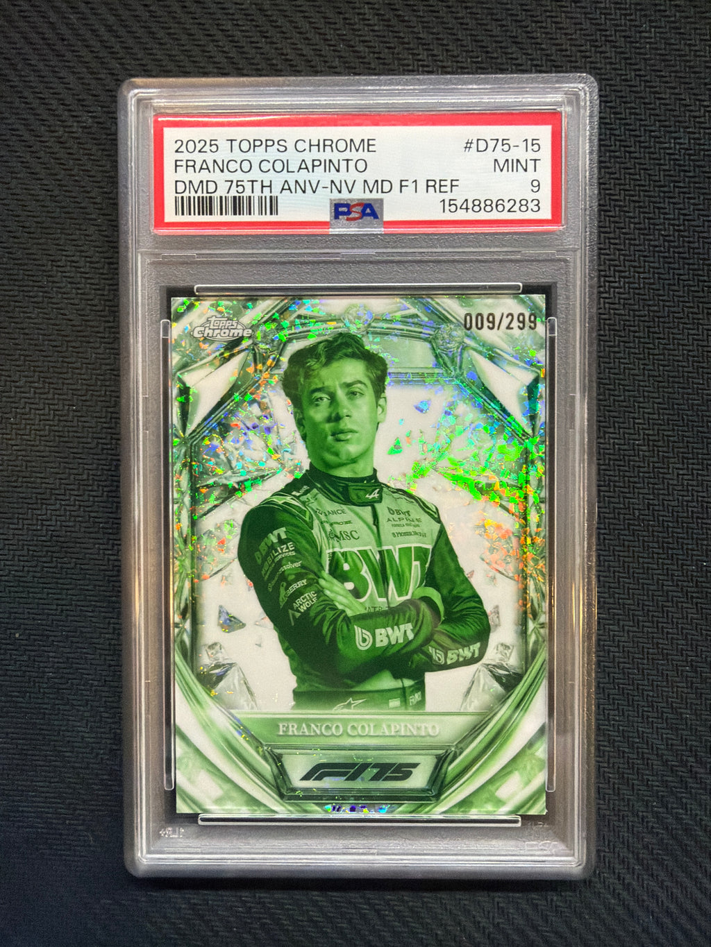 2025 Topps Chrome Franco Colapinto Diamond 75th Anniversary Night Vision /299 PSA 9