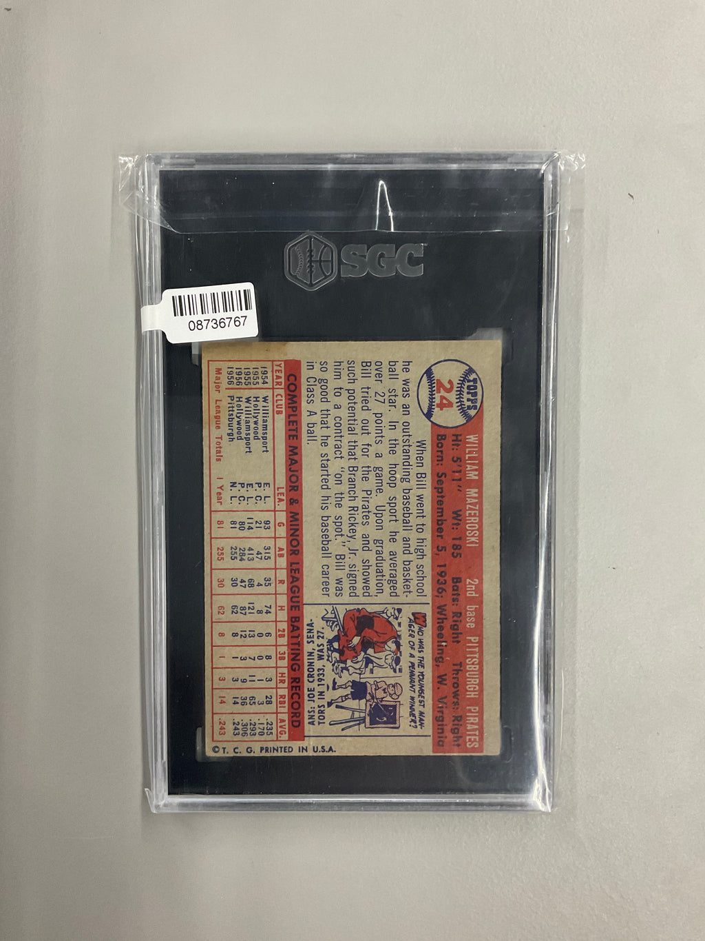 1957 Topps #24 Bill Mazeroski SGC 4 Pirates