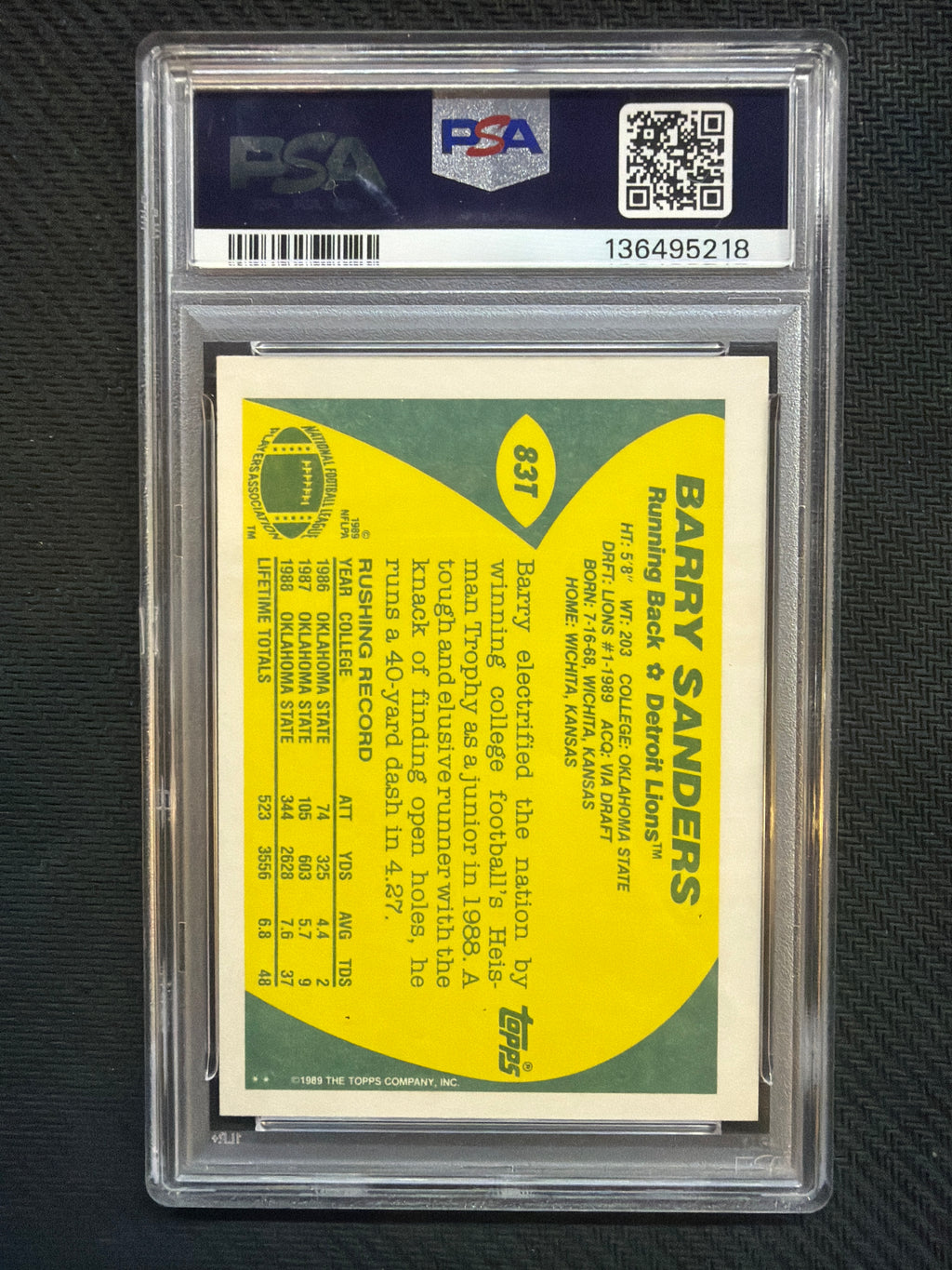 1989 Topps Traded Barry Sanders Rookie PSA 9 Lions