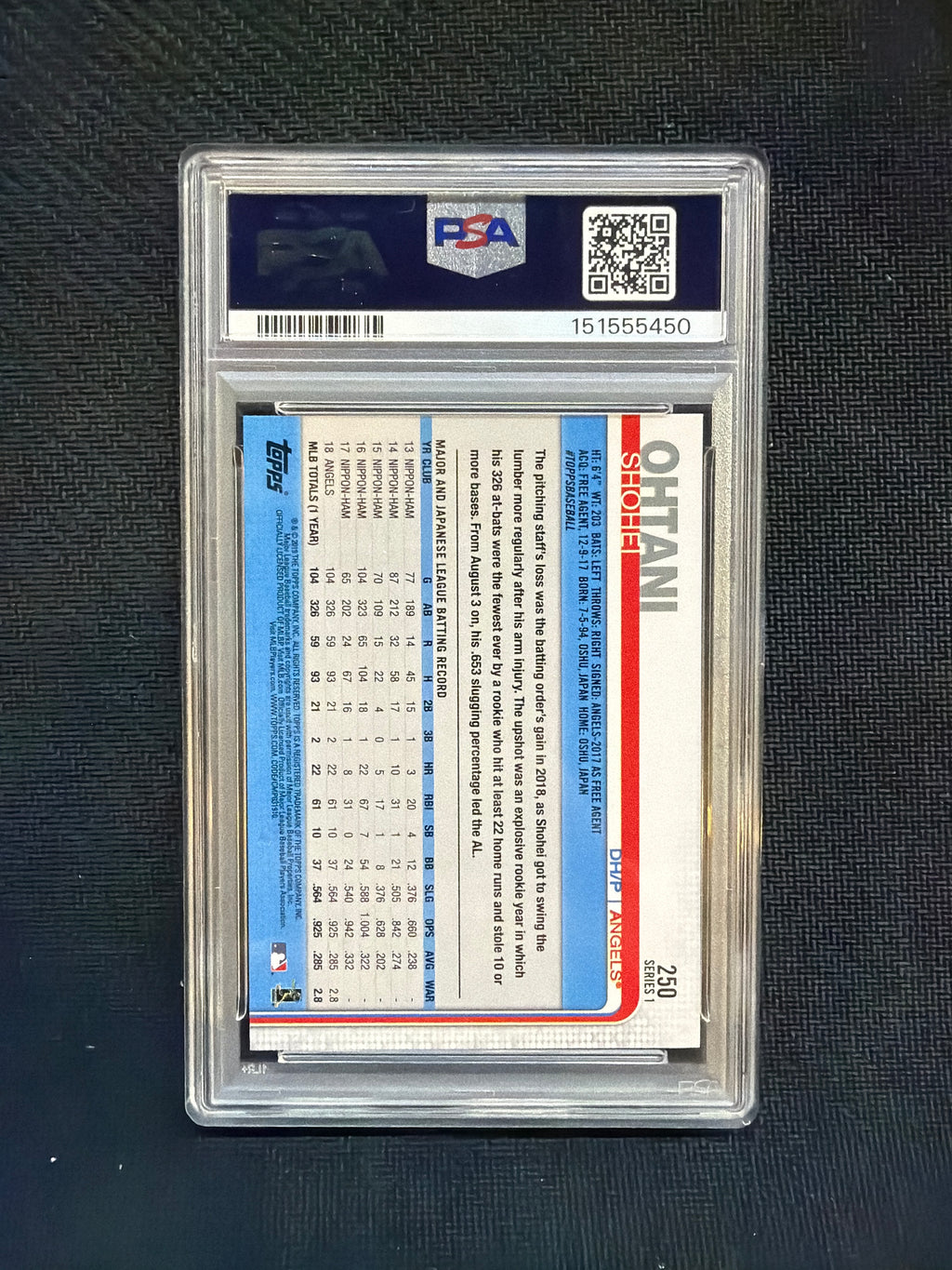 2019 Topps Shohei Ohtani #250 PSA 9 Gold Cup 450