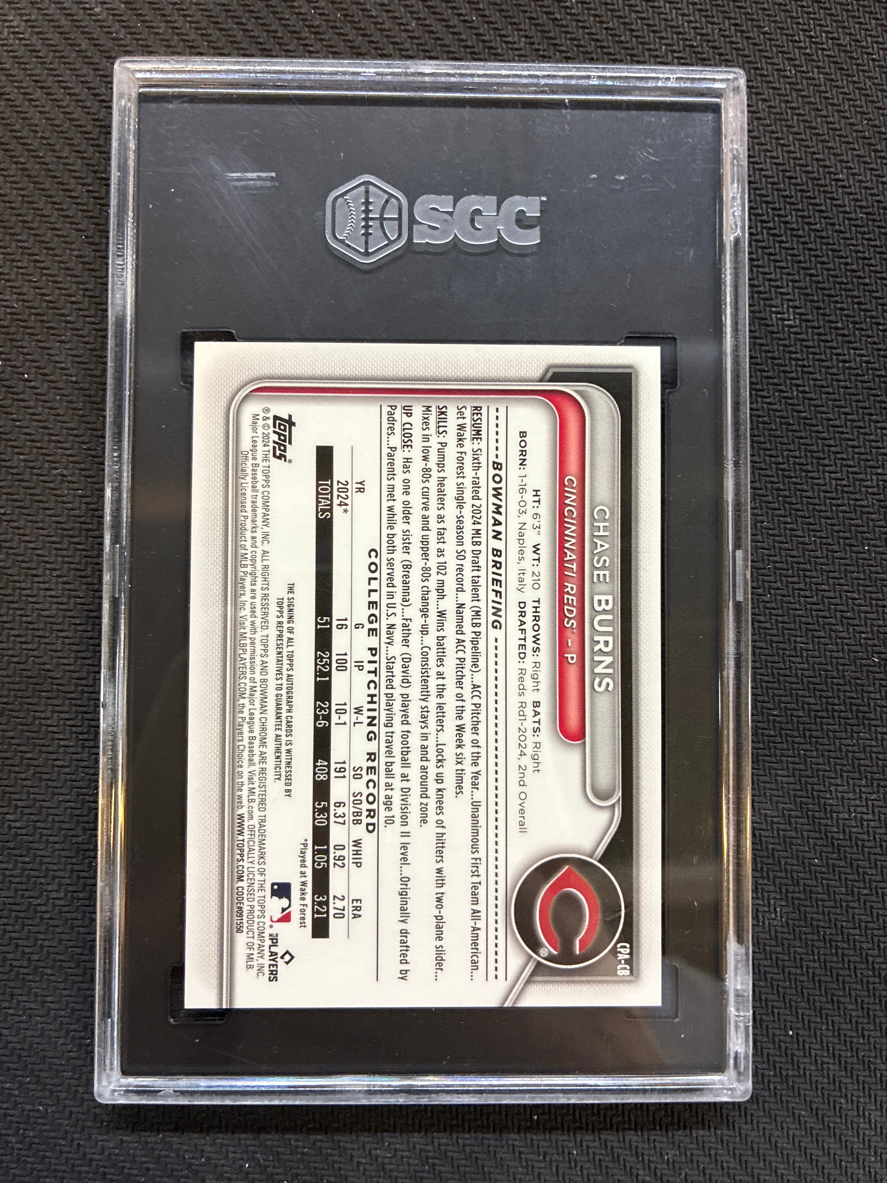 2024 Bowman Draft Chase Burns Chrome 1st Bowman Auto SGC 10