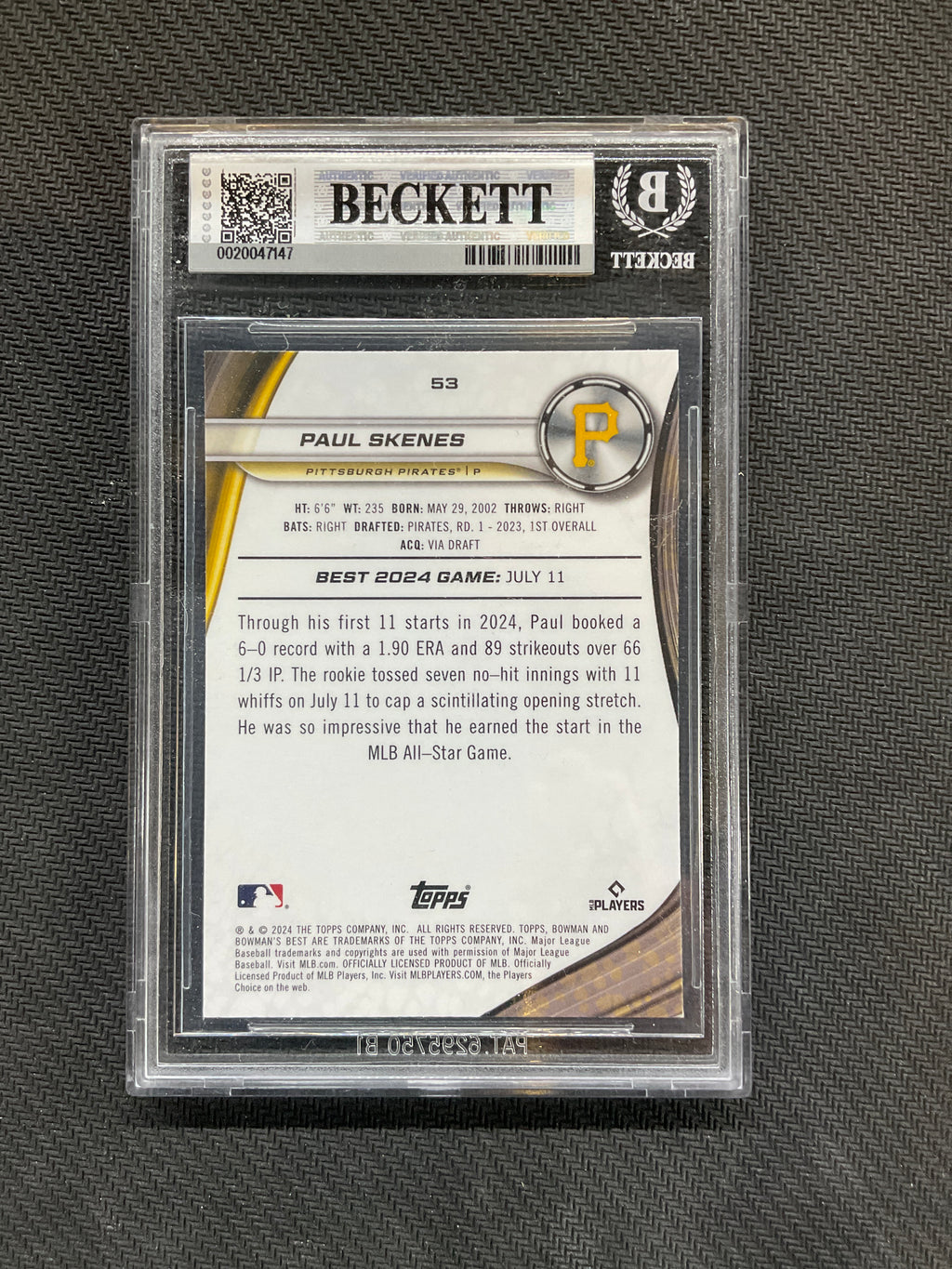 2024 Bowman's Best #53 Paul Skenes Rookie BGS 9 Pirates