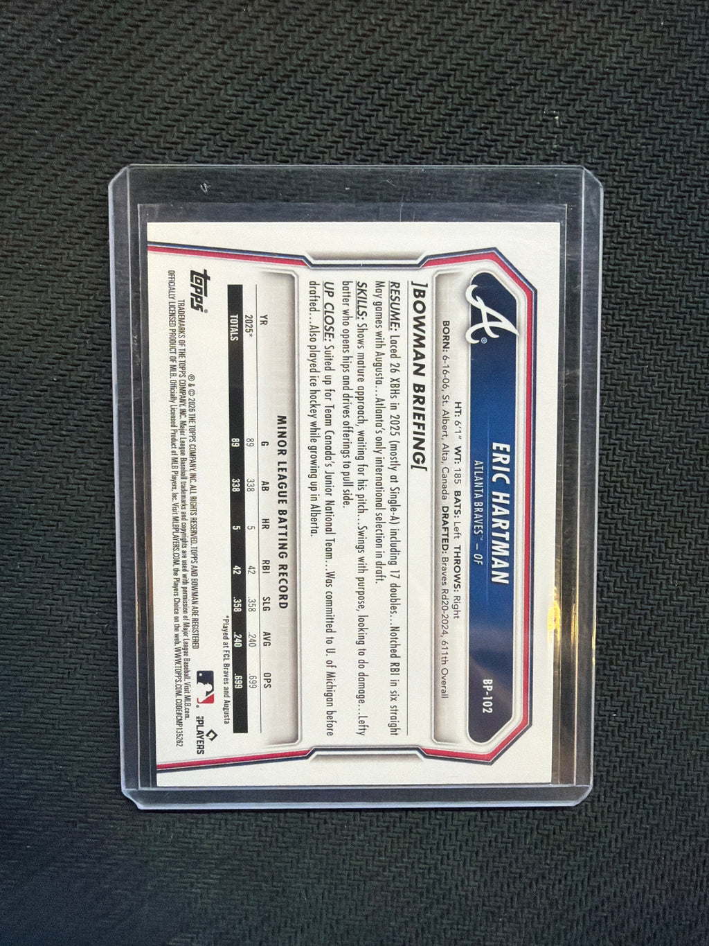 2026 Bowman Paper Blue /150 Eric Hartman Atlanta Braves