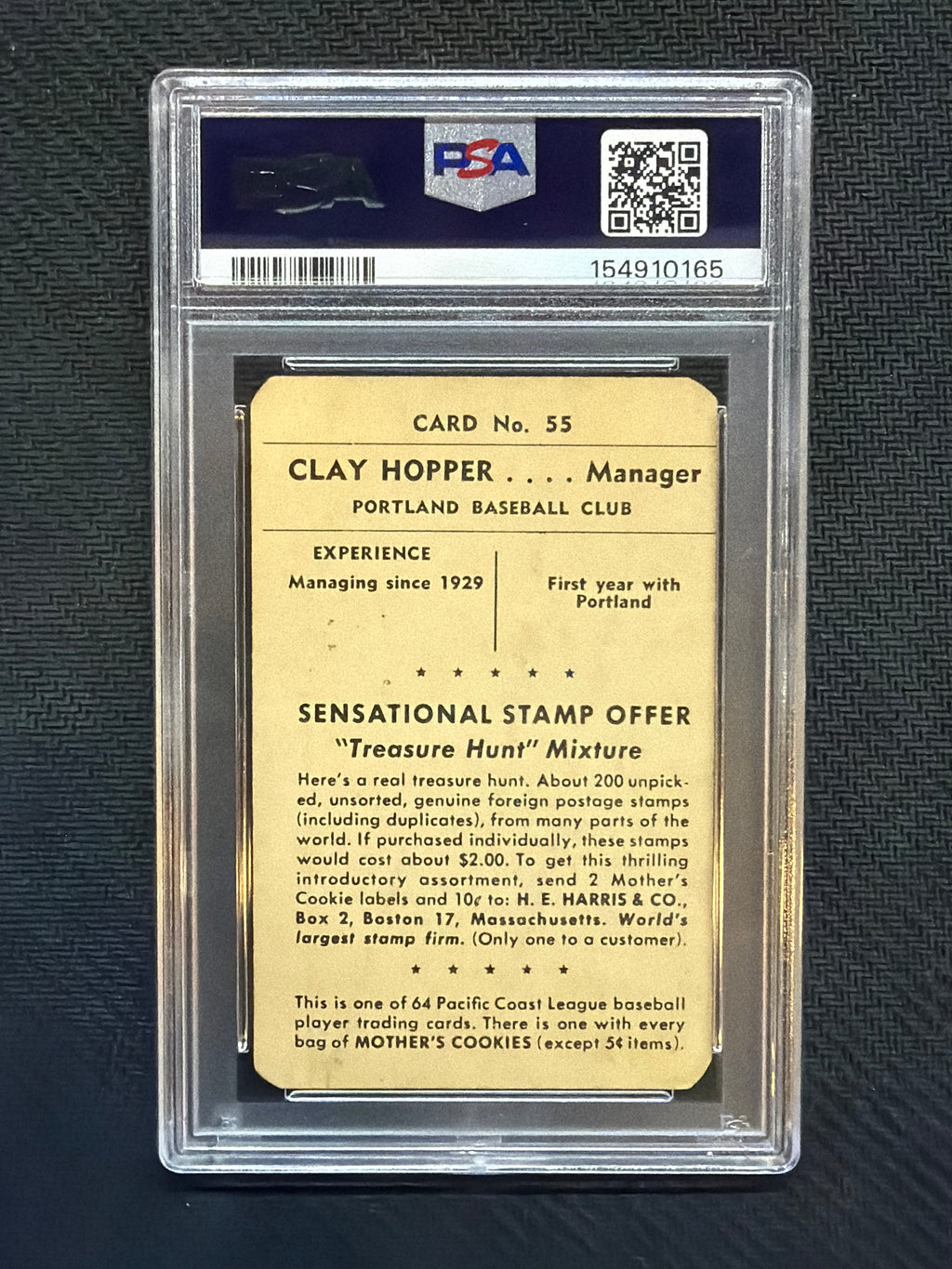1952 Mother's Cookies Clay Hopper Pacific Coast League PSA 2 165
