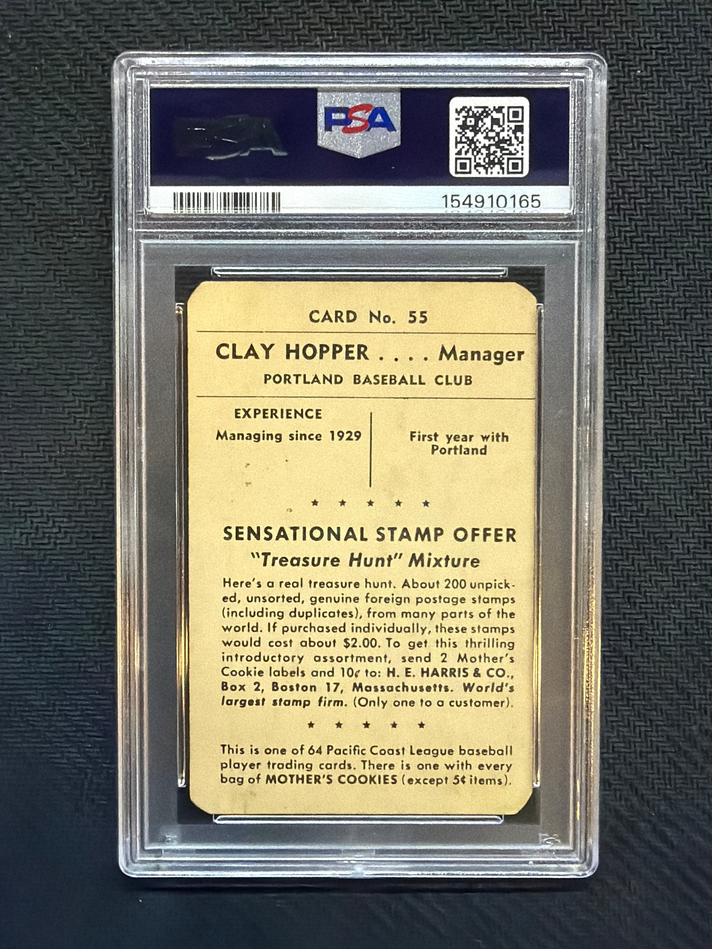 1952 Mother's Cookies Clay Hopper Pacific Coast League PSA 2 165