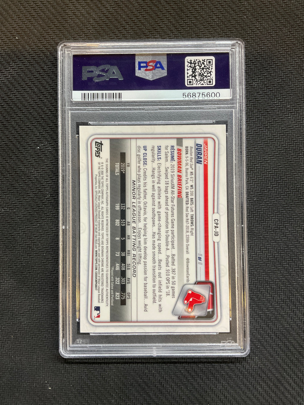2020 Bowman Chrome Jarren Duran Blue Auto /150 PSA 9 Rookie