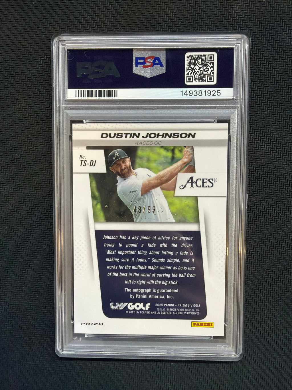 2025 Prizm Liv Golf Justin Johnson Throwback Signatures Blue Prizm /99 PSA 10