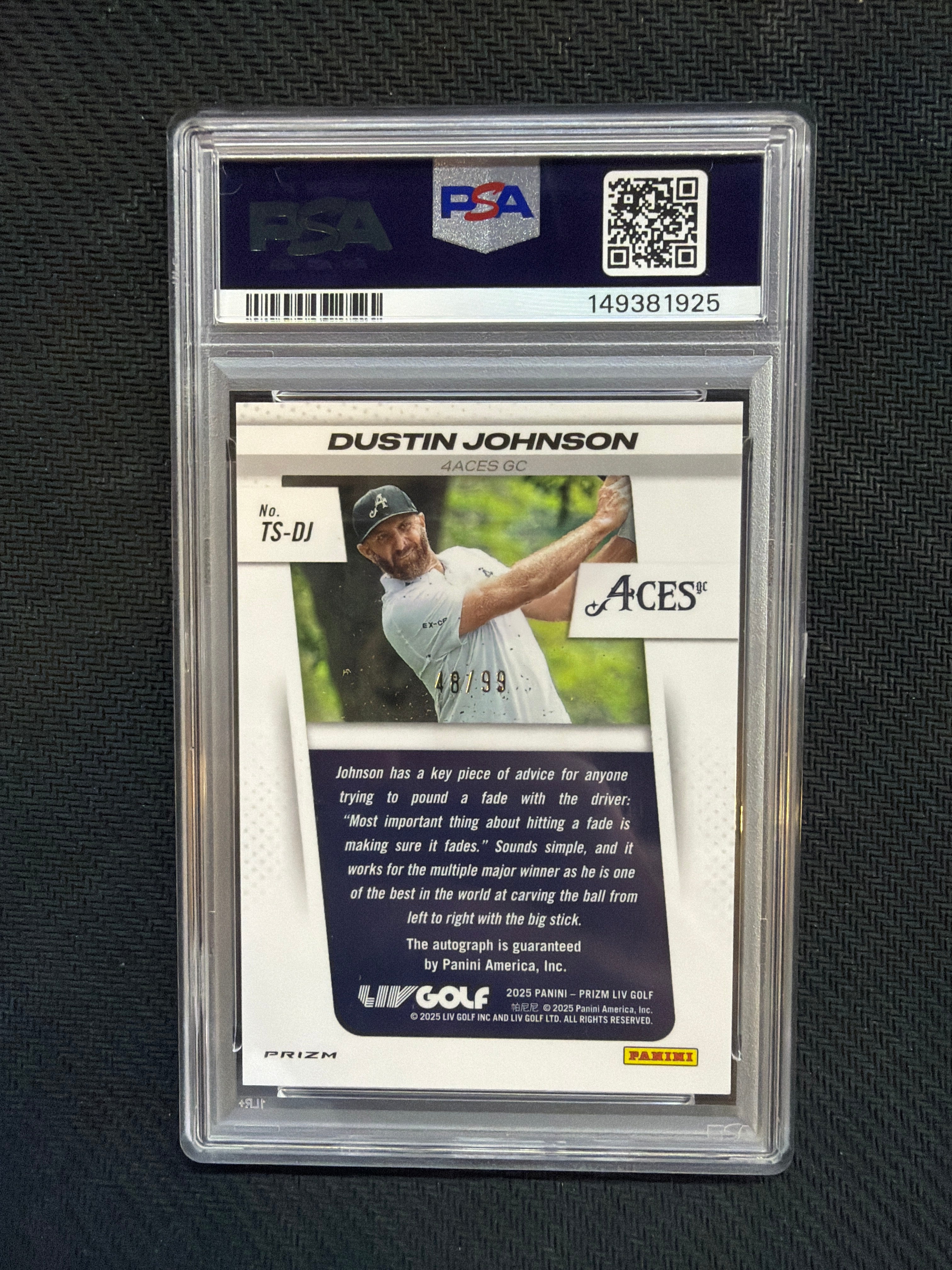 2025 Prizm Liv Golf Justin Johnson Throwback Signatures Blue Prizm /99 PSA 10