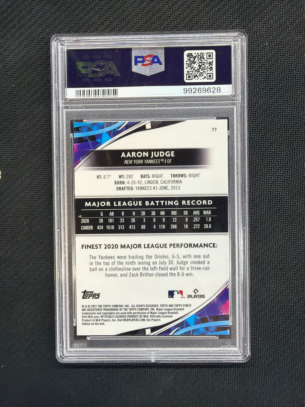 2021 Topps Finest Aaron Judge #77 PSA 10 Yankees