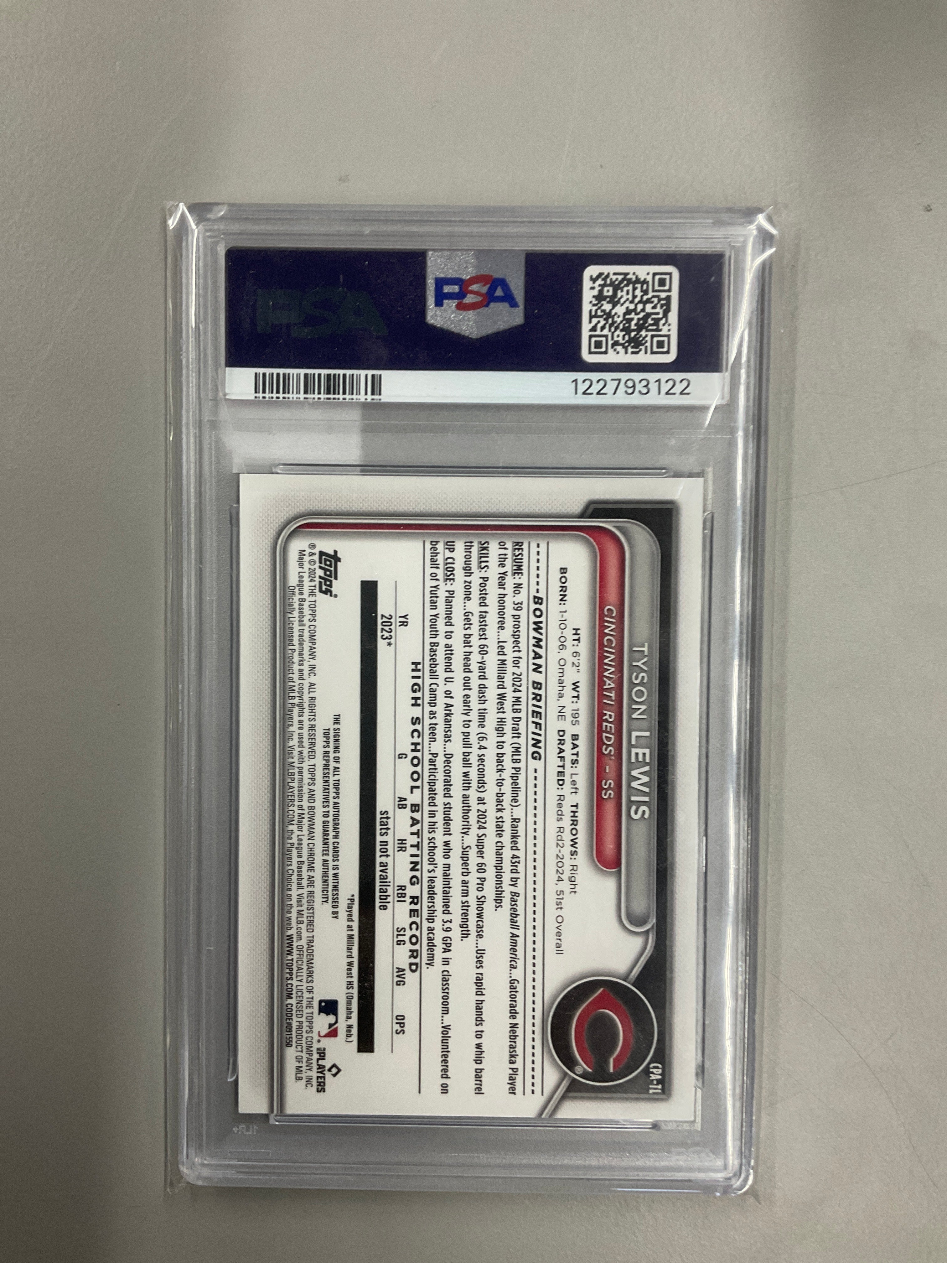 2024 Bowman Tyson Lewis Auto PSA 10 Reds