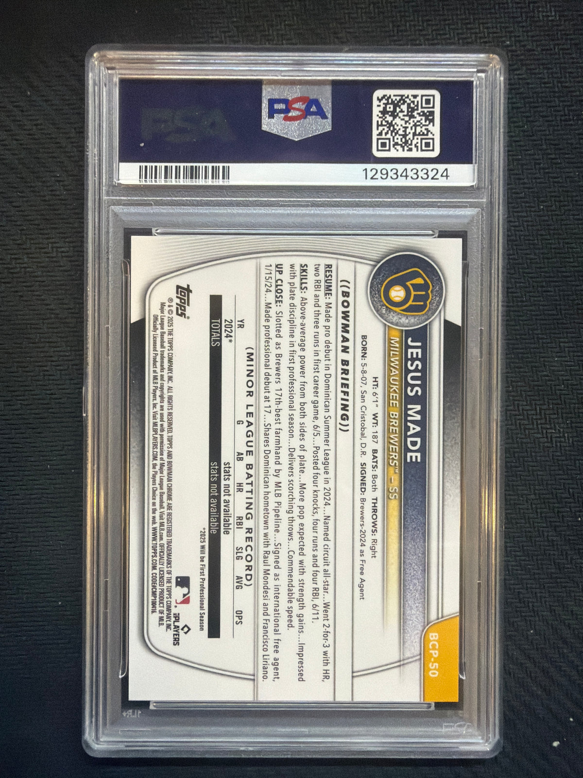 2025 Bowman Sapphire Jesus Made Rookie Orange /25 PSA 10