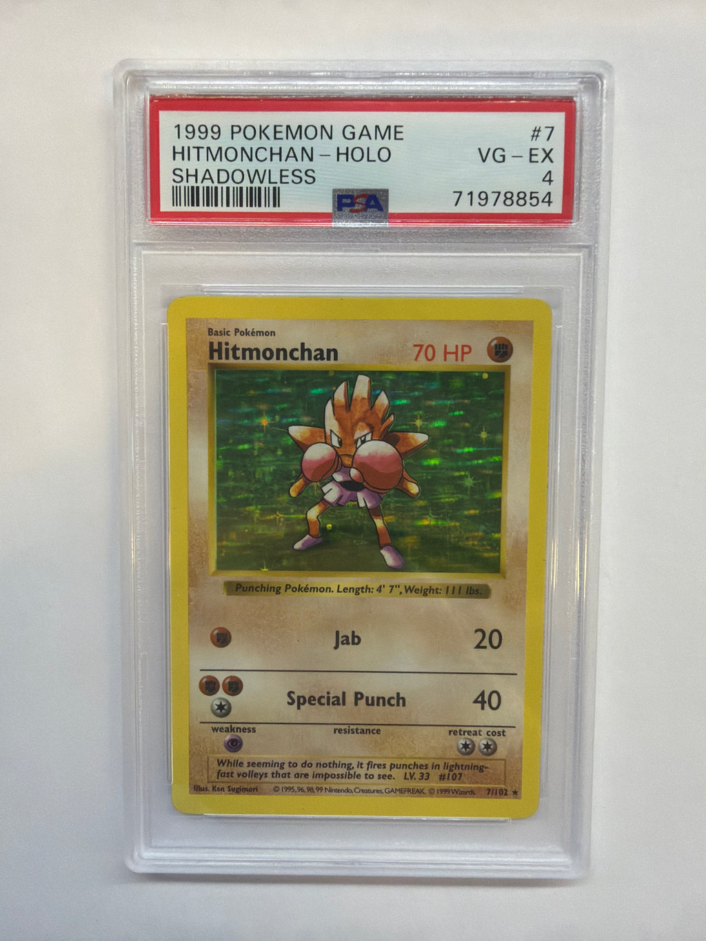 1999 Pokemon Shadowless Hitmonchan 7 Holo PSA 4
